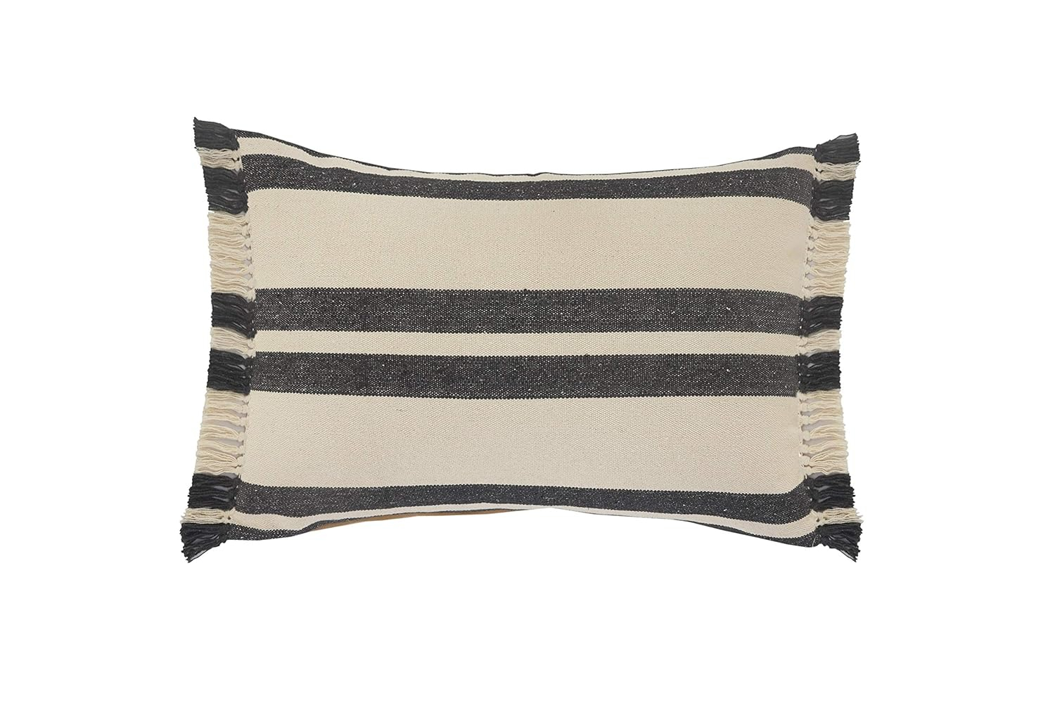 LR Home Gray Double Striped Lumbar Pillow with Fringe