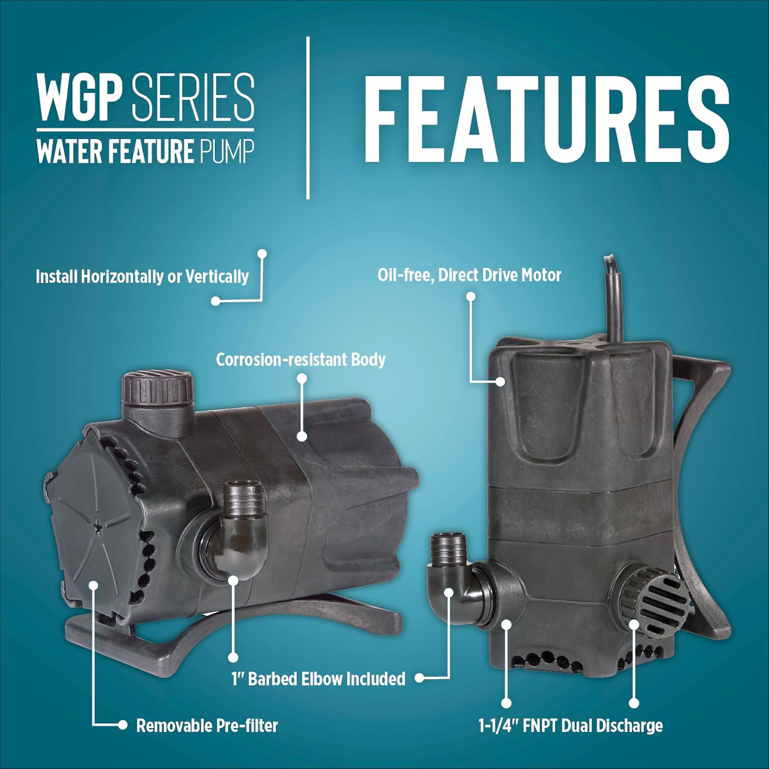 Little Giant WGP-95-PW 115 Volt, 4280 GPH Dual Discharge Direct Drive Submersible Waterfall and Pond Pump, Black, 566407