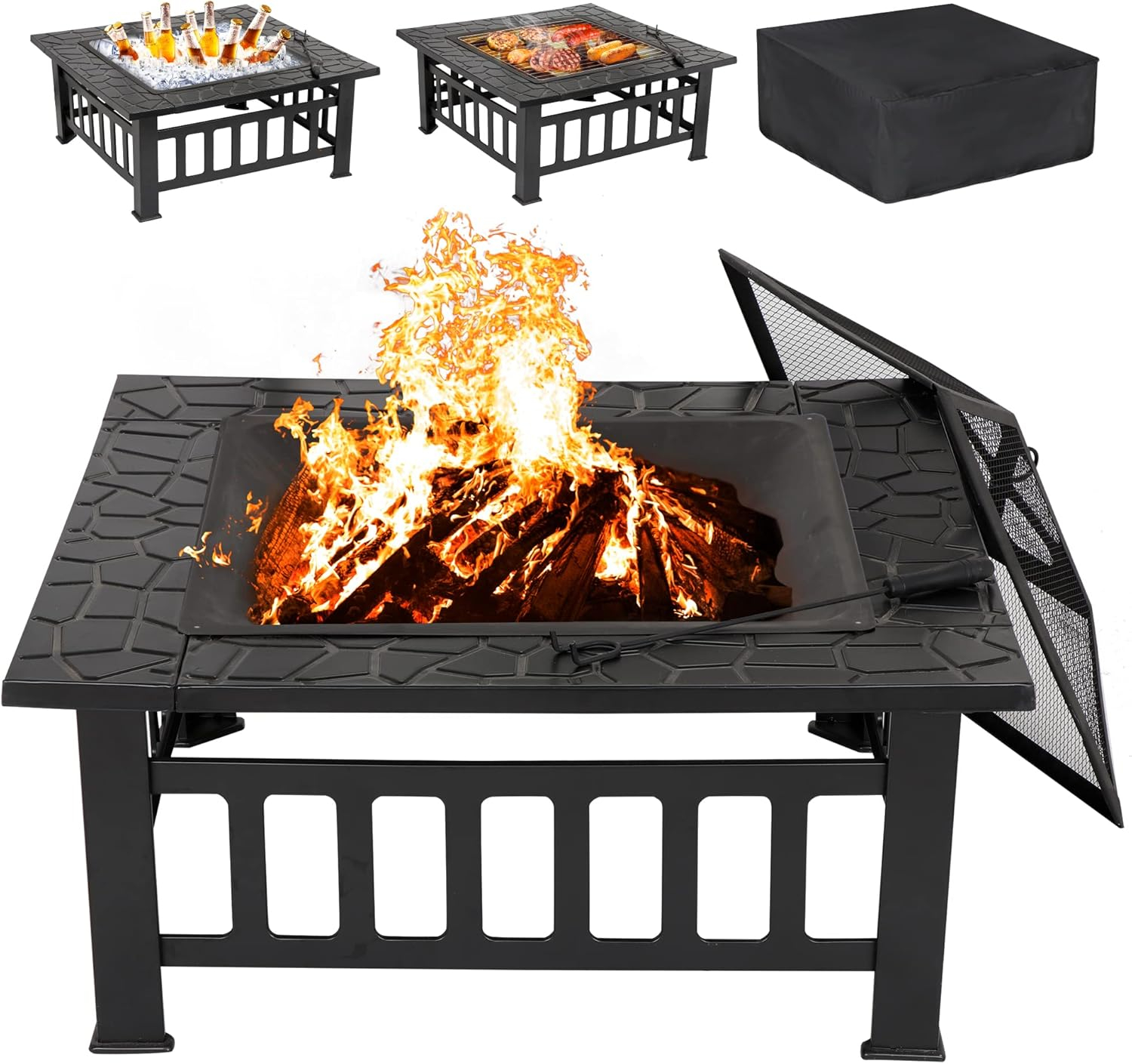 LEMY 32 Inch Outdoor Fire Pit Table, Wood Burning Firepit Stove with Lid for Camping&BBQ, Garden, Backyard