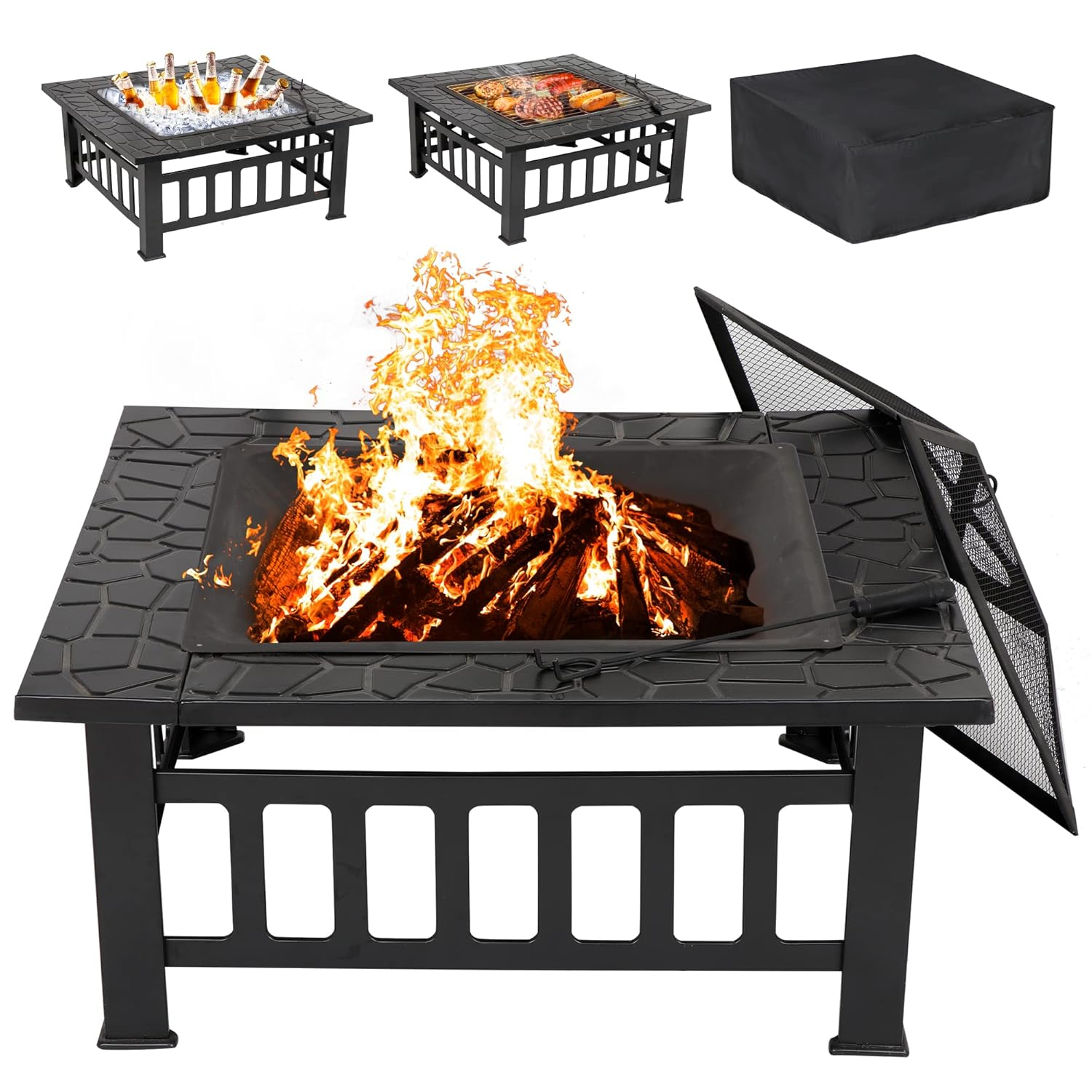 LEMY 32 Inch Outdoor Fire Pit Table, Wood Burning Firepit Stove with Lid for Camping&BBQ, Garden, Backyard