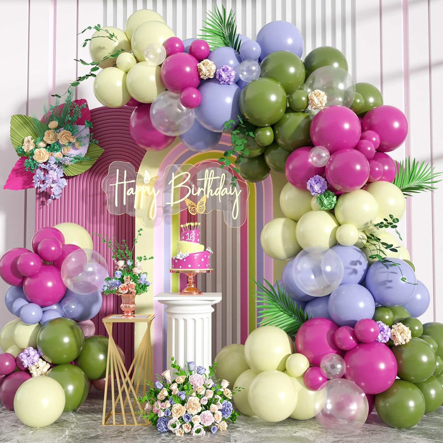 Paready Green Pink Balloons Garland Arch Kit, 125Pcs Retro Peach Pink Green Balloons Arch, Macaron Purple Yellow Balloon for Flower Theme Wedding Bridal Shower Birthday Baby Shower Party Decoration