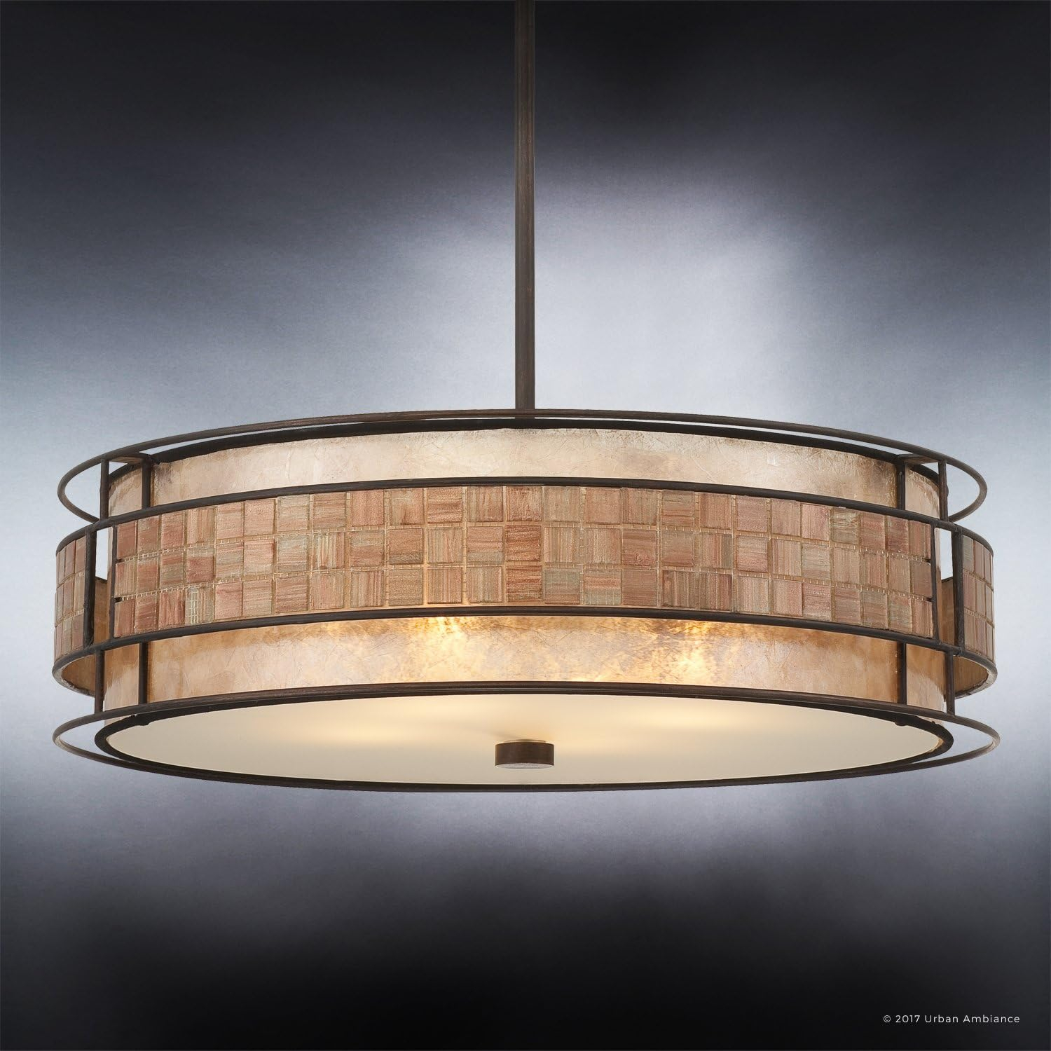 Urban Ambiance Luxury Art Deco Chandelier, Medium Size: 5.5"H x 22"W, with Moroccan Style Elements, Copper Revival Finish and Oyster Mica Inner Shade, Mosaic Tile Outer Shade, UQL2430