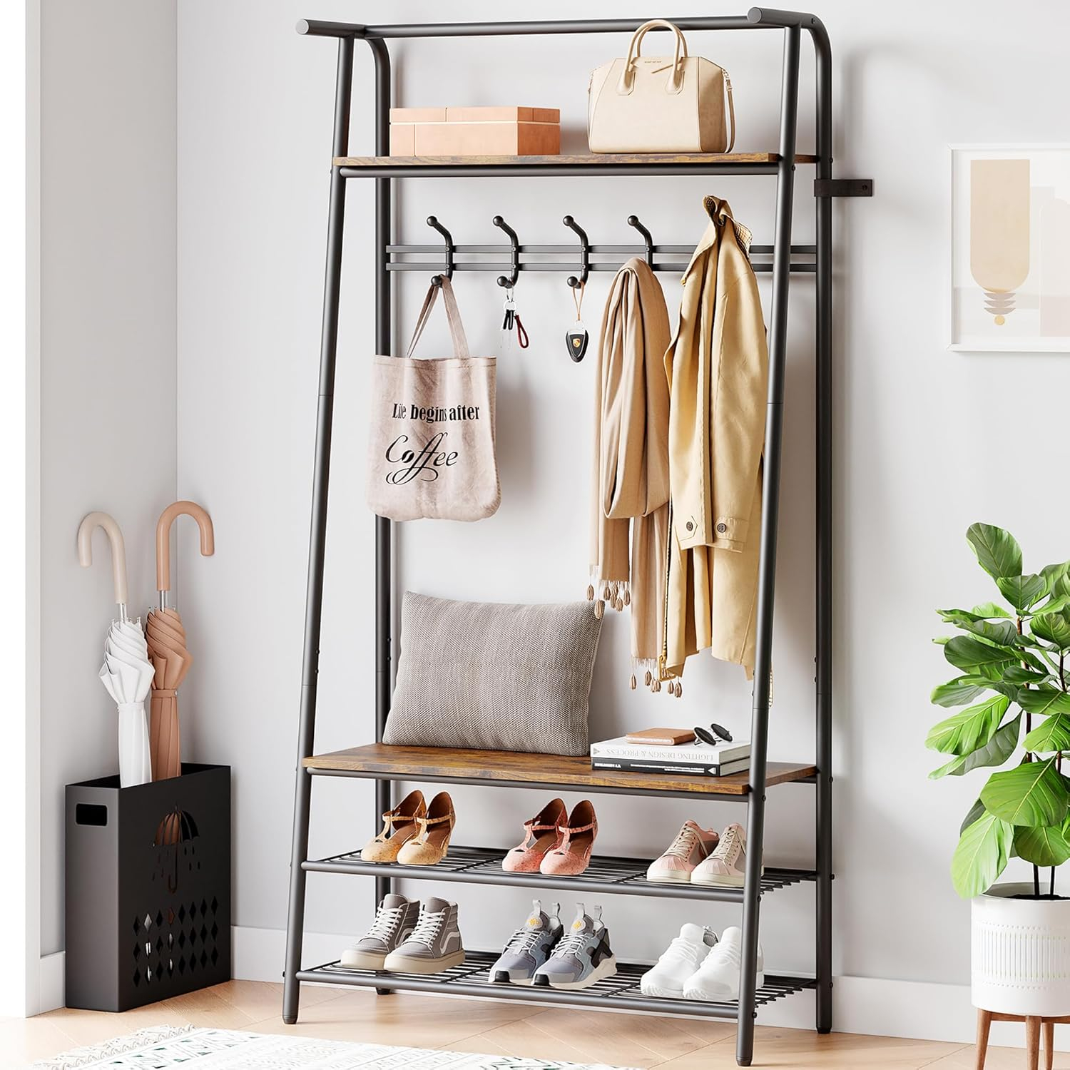 GAOMON Coat Rack Shoe Bench, 4-in-1 Hall Trees Entryway Bench with Coat Rack and Shoe Rack, Wood Look Accent Furniture with Steel Frame Storage Shelf and Hanging Bar, Industrial, Rustic Brown & Black