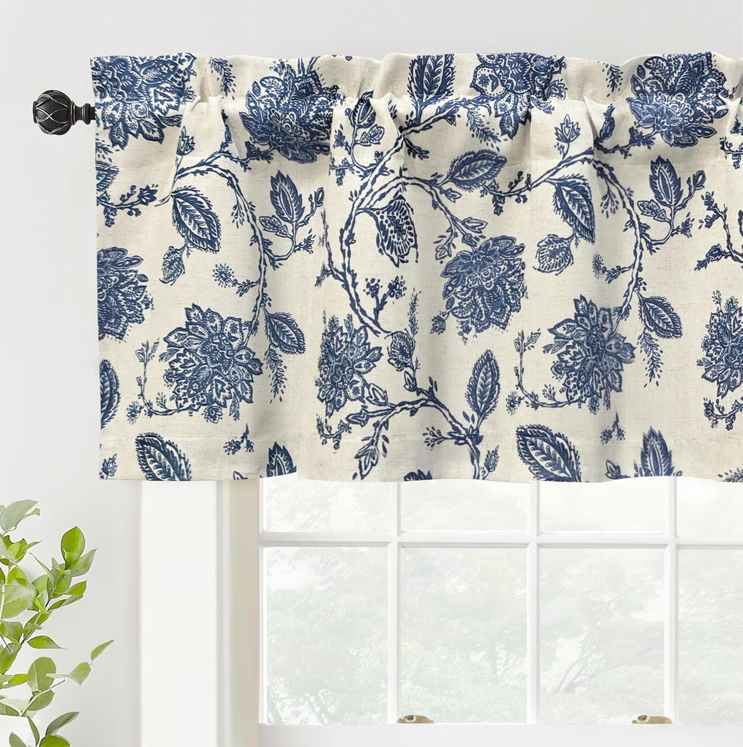 DriftAway Freda Jacobean Floral Linen Blend Blackout Thermal Insulated Energy Saving Privacy Window Curtain Valance Rod Pocket 2 Layers Single 52 Inch by 18 Inch plus 2 Inch Header vy Beige