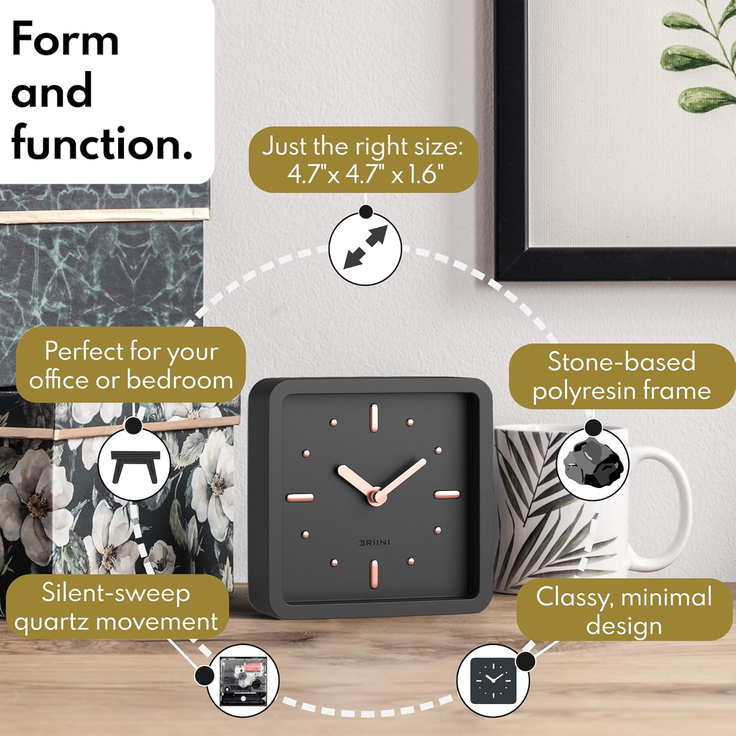 Driini Modern Mid Century Desk & Shelf Clock for Mantle, Bedroom Nightstand