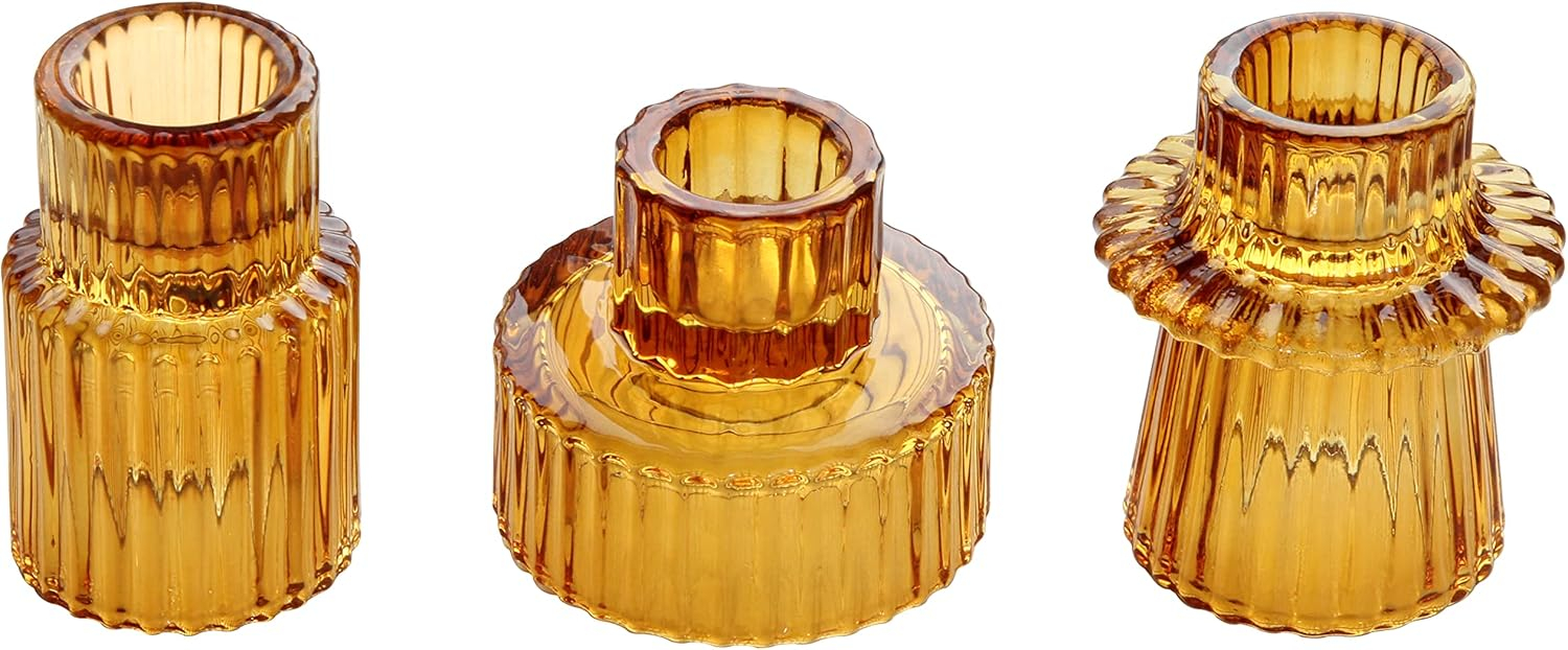 Candlestick Holder Set Of3 Glass Candle Holders for Taper,Pillar,Tealight Candle Amber