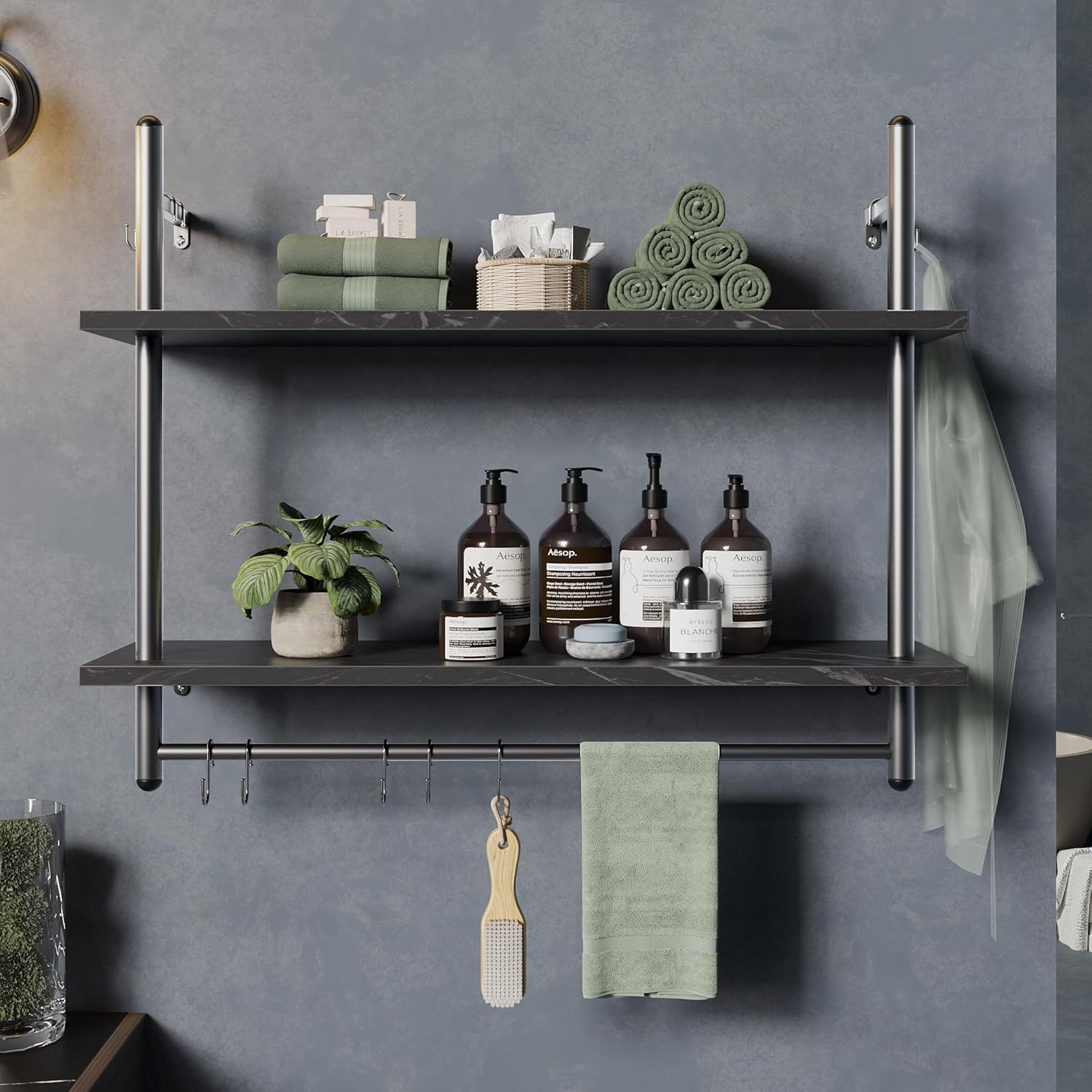 Bestier Industrial Pipe Shelf Bathroom Shelves with Towel Bar, 31 inch Floating Shelves 2 Tier for Wall Storage, Kitchen Wood Wall Mounted Shelf Display Rack for Living Room Bedroom, Black Marble