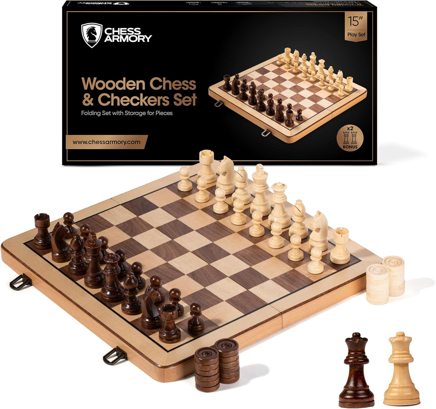 Chess Armory Premium Checkers and Chess Set - Wooden Board Game with a Portable Wood Case and Secure Storage for Pieces, Set for Kids and Adults (Beech Wood)