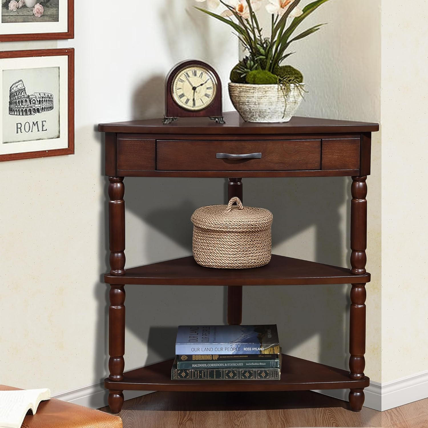 Light Espresso Triangular Wood Corner Table with Drawer and Shelves
