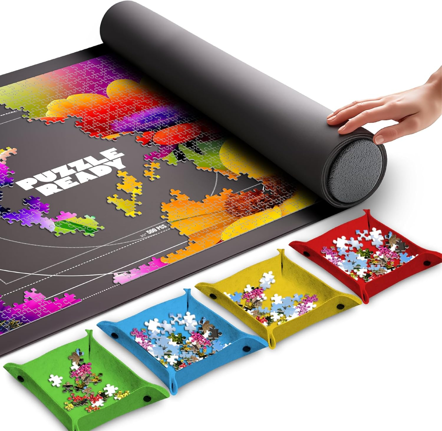 Puzzle Ready Jigsaw Puzzle Mat Roll Up - 46” x 29.5” Puzzle Mat Up to 1500 Jigsaw Puzzles, 4 Sorting Trays & Storage Bag