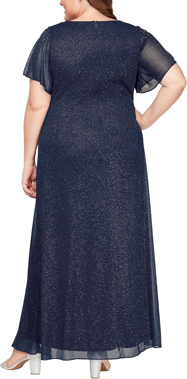 S.L. Fashions Women's Plus Size Formal Long Mother of The Bride Dress with Shoulder Embellishment and Front Slit