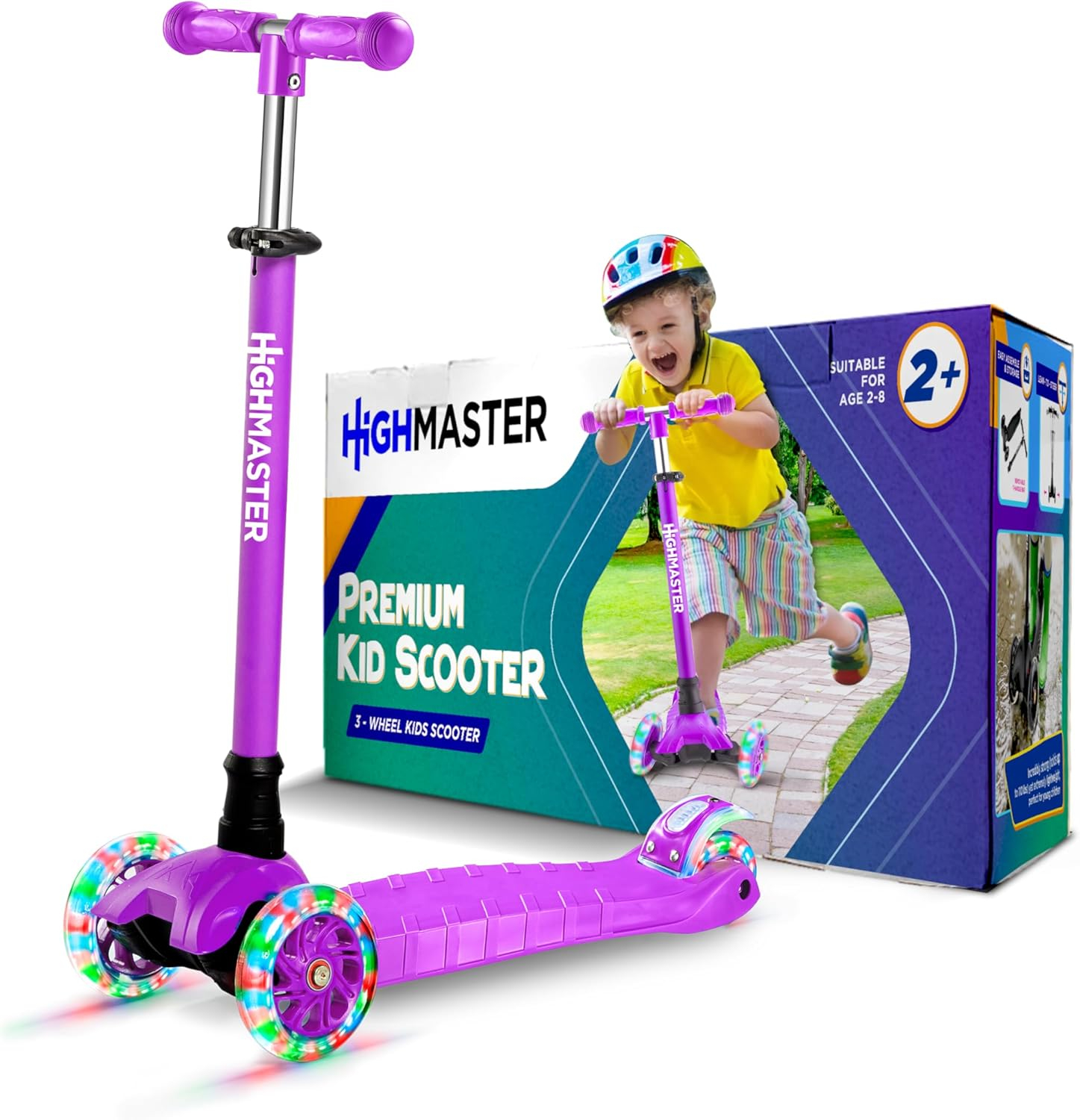 Highmaster 3-Wheel Toddler Scooter for 2 to 8 Year Old boy - 3 Wheeled Kids Scooter with Light Up Wheels, Safe and Fun Ride for Kids - Purple