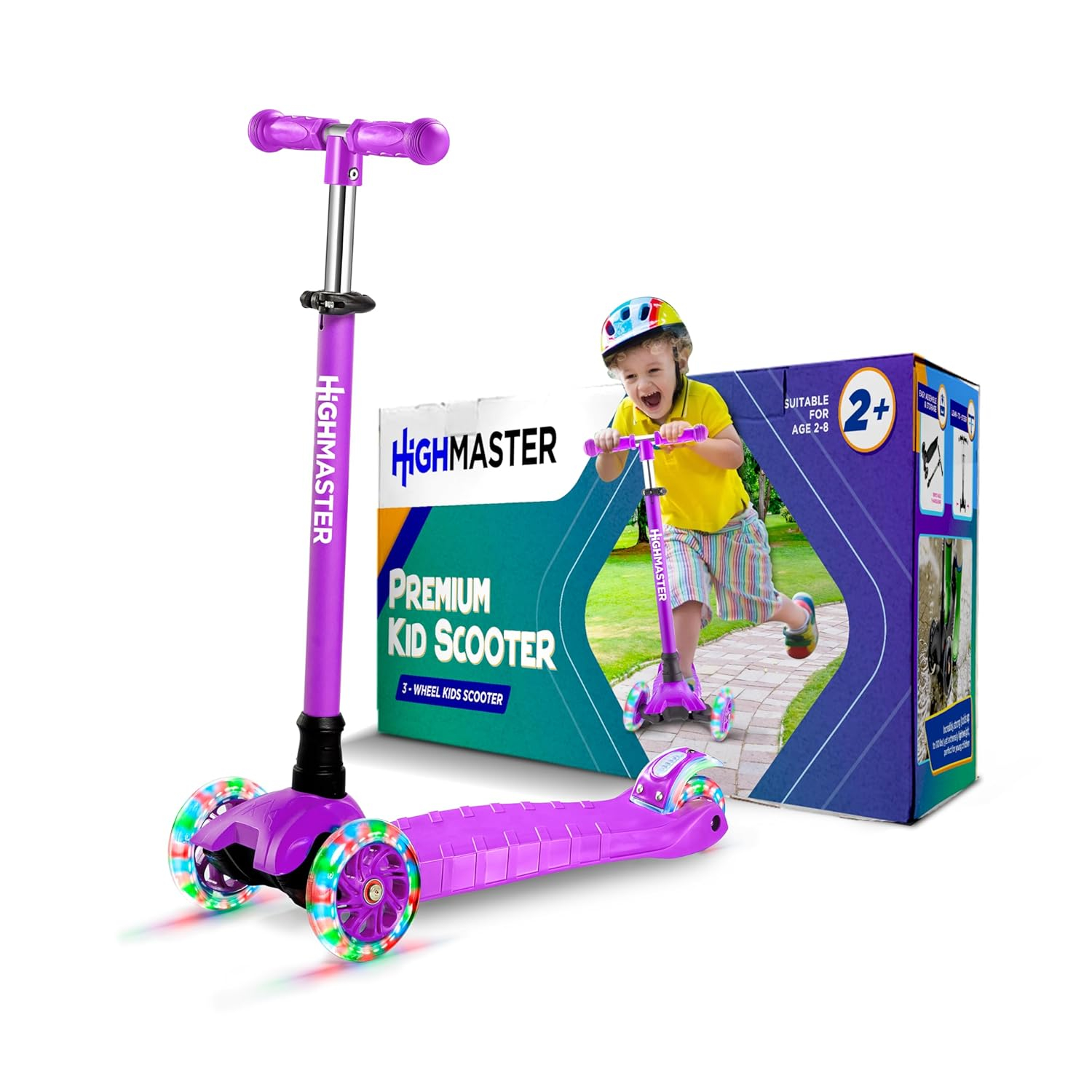 Highmaster 3-Wheel Toddler Scooter for 2 to 8 Year Old boy - 3 Wheeled Kids Scooter with Light Up Wheels, Safe and Fun Ride for Kids - Purple