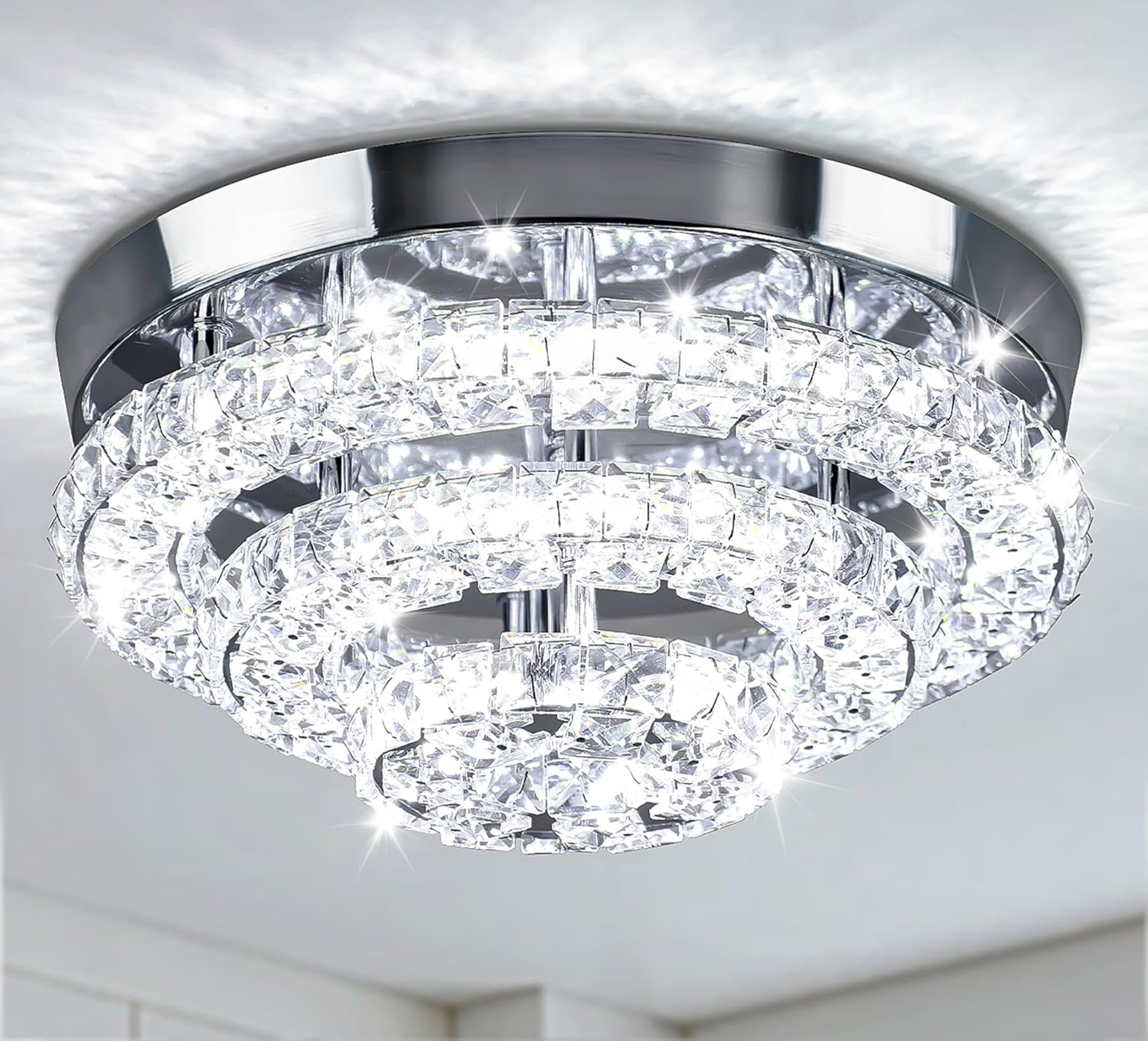 11.8" Crystal Chandeliers Modern Crystal Ceiling Light LED Chandeliers Semi Flush Mount Chandelier Crystal Ceiling Light Fixture for Bedrooms Dining Living Room Hallway (6500K Cool White)