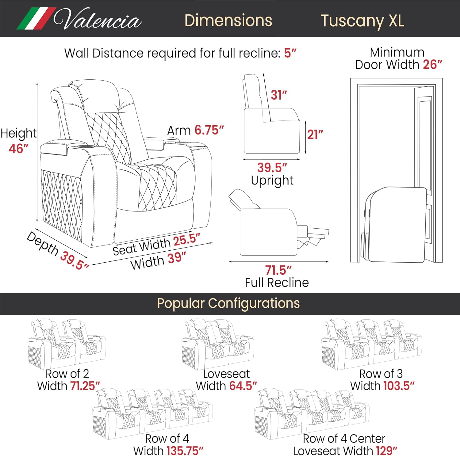 Valencia Tuscany XL Big & Tall Theater Seating – 400lb Capacity, Extra 26" Wide Power Recliner with Italian Leather, Power Headrest & Lumbar Support (Row of 2, Midnight Black)