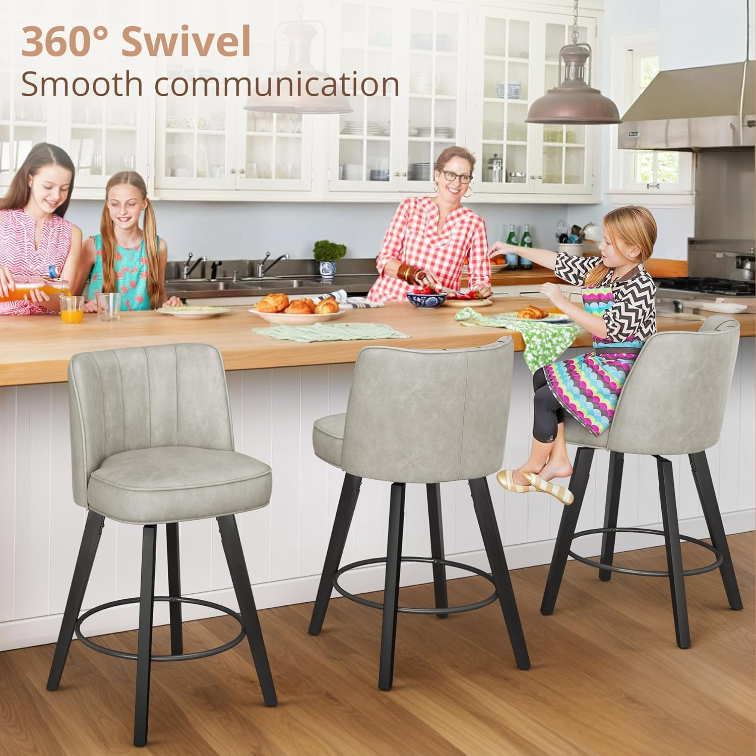 LUE BONA 360-degree Swivel Bar Stools Set of 3, 26" Counter Height Bar Stools with High Back and Wood Legs, Morden Faux Leather Upholstered Barstools for Kitchen Counter