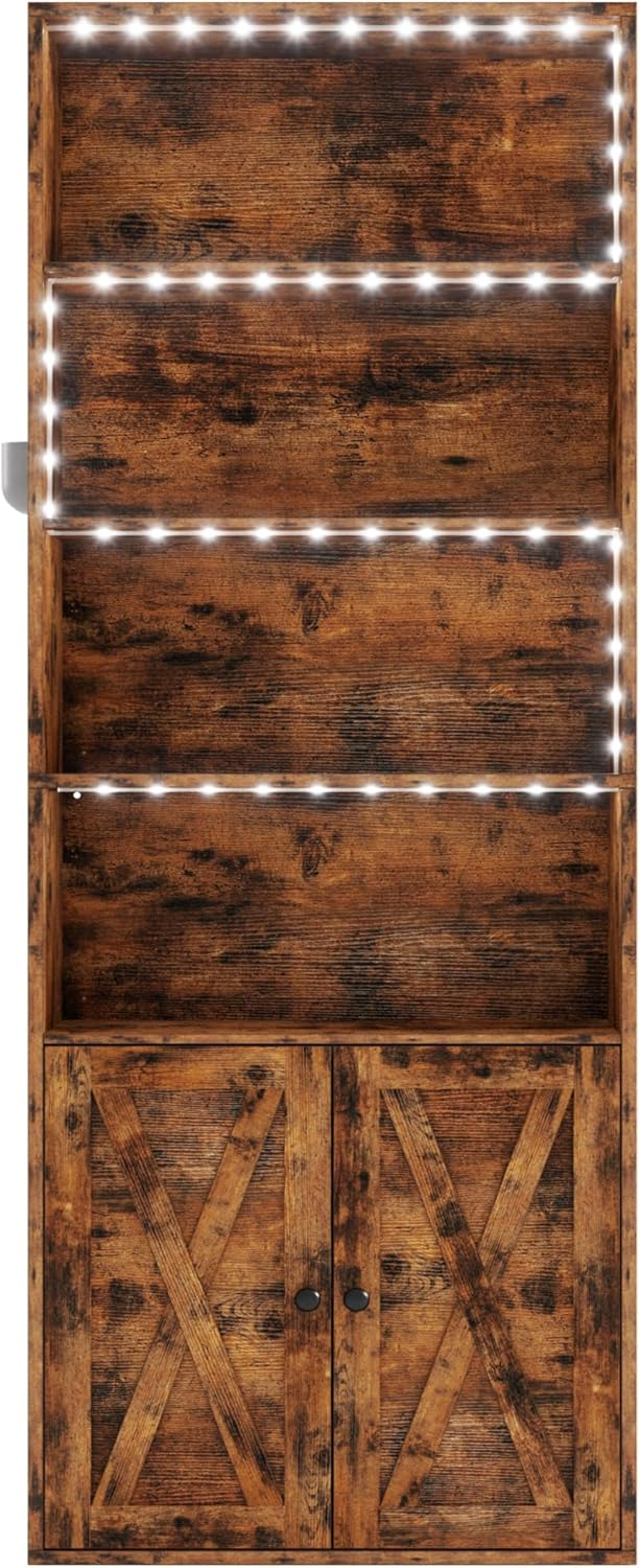 IRONCK Tall Bookcase with LED Lights, 70 in Industrial Bookshelf Display Shelf Floor Standing for Home Office, Living Room, Bed Room