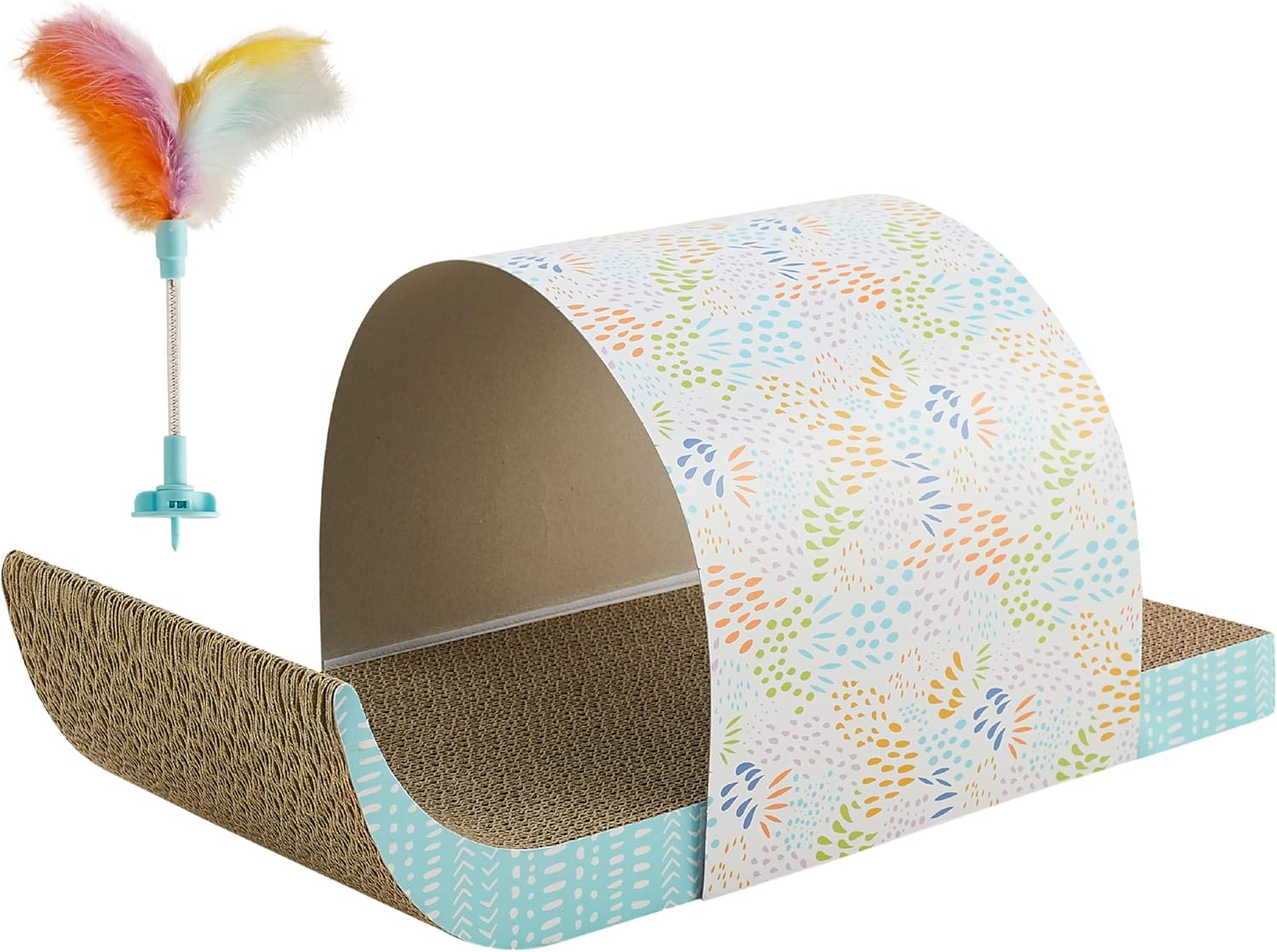 Catstages Cat Tunnel Scratcher with Feather Spring Toy and Removable Tunnel, Corrugated Scratching Pad for Rest, Play, & Nail Trimming, Multicolored