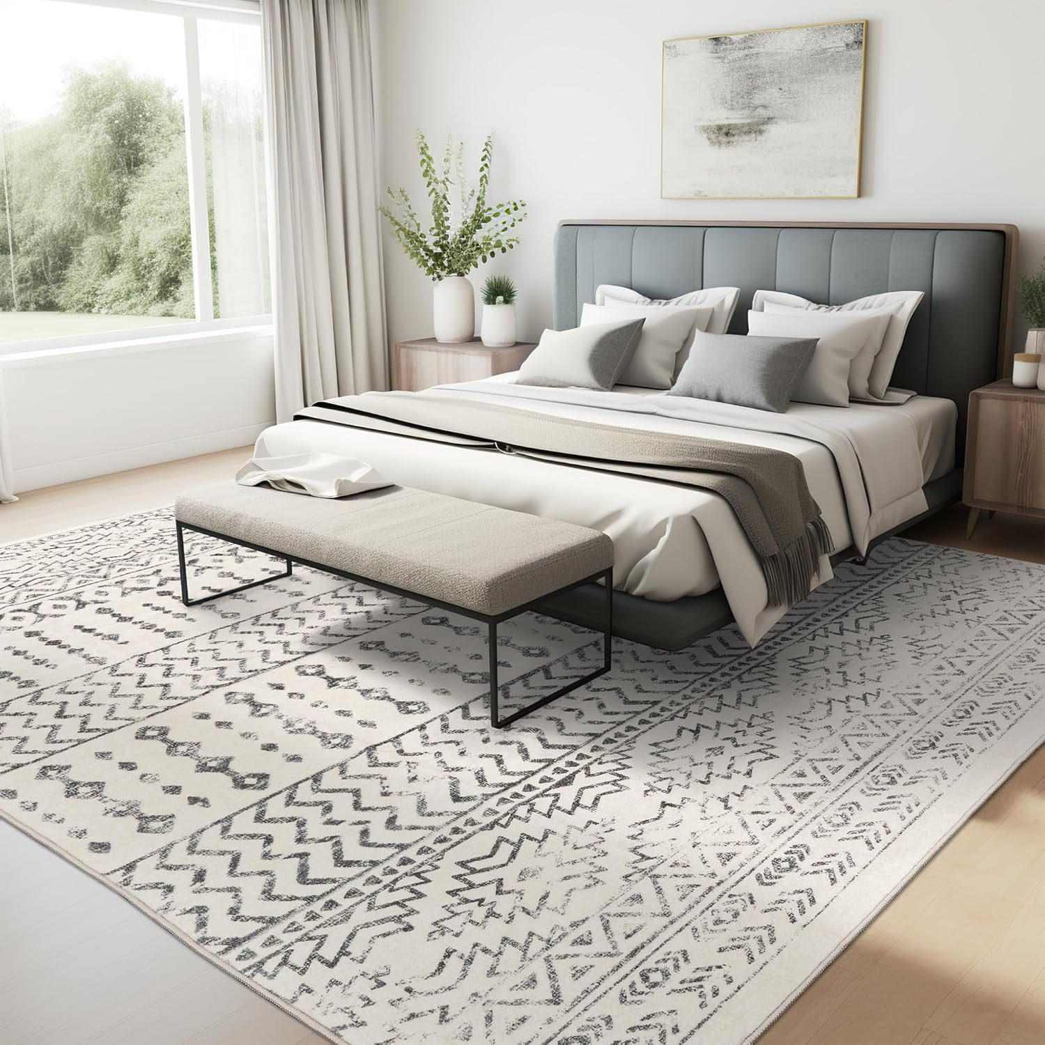 Art&Tuft Area Rug 5x7, Super Soft Ultra-Thin Moroccan Washable, Anti-Slip Backing Rugs for Living Room, Foldable Geometric Machine Washable (5'x7', Ivory)