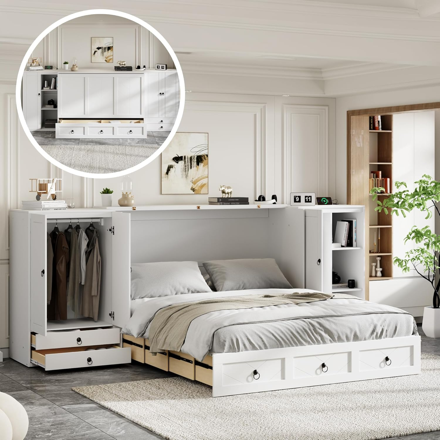 Queen Size Murphy Bed Wall Bed, Solid Pine Murphy Bed Chest Cube Cabinet Bed with USB, Charging Station, Bookshelves and Storage Wardrobes and Drawers for Home Office or Small Room-White