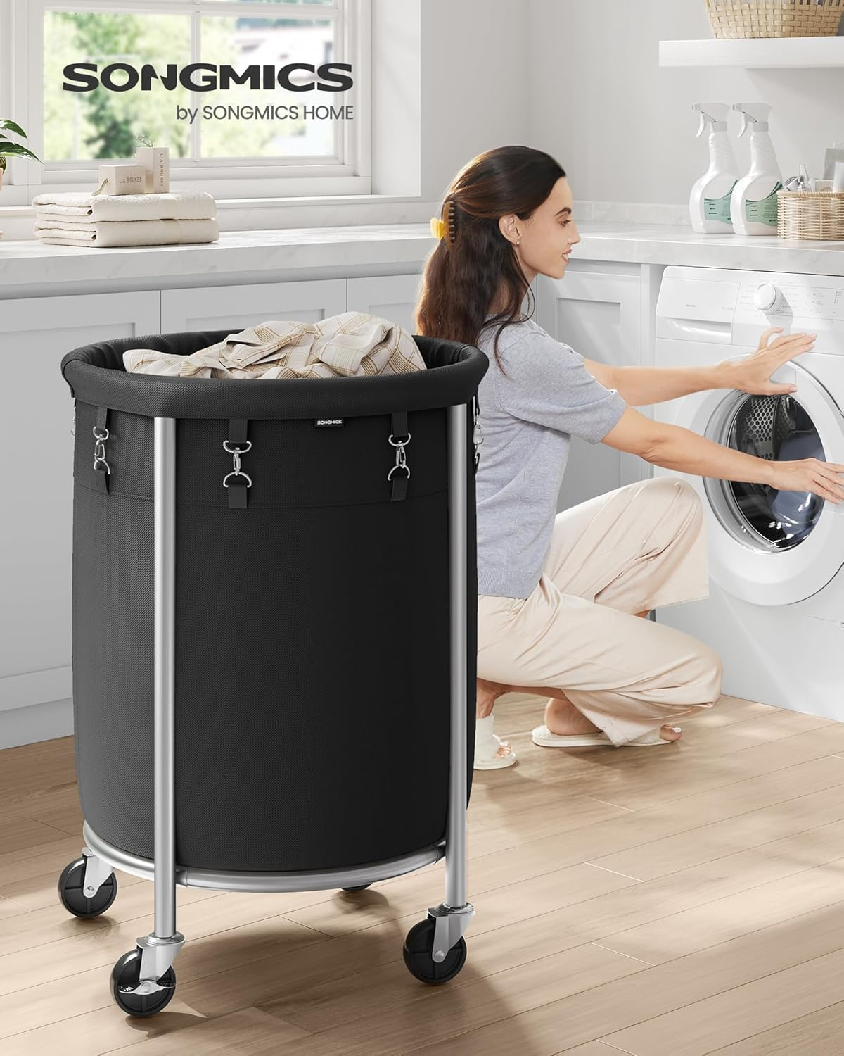 SONGMICS Laundry Basket with Wheels, Rolling Laundry Hamper, 18.5 Gal., Round Laundry Cart with Steel Frame and Removable Bag, 4 Casters and 2 Brakes, Black and Silver URLS006B01