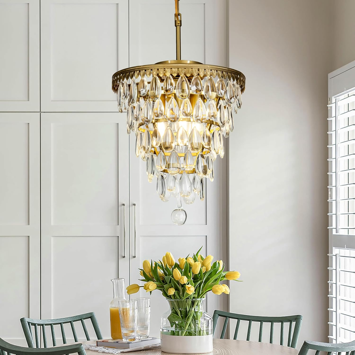 3-Lights Glass Tear Drops Chandelier Painted Brass Pendant Ceiling Lighting