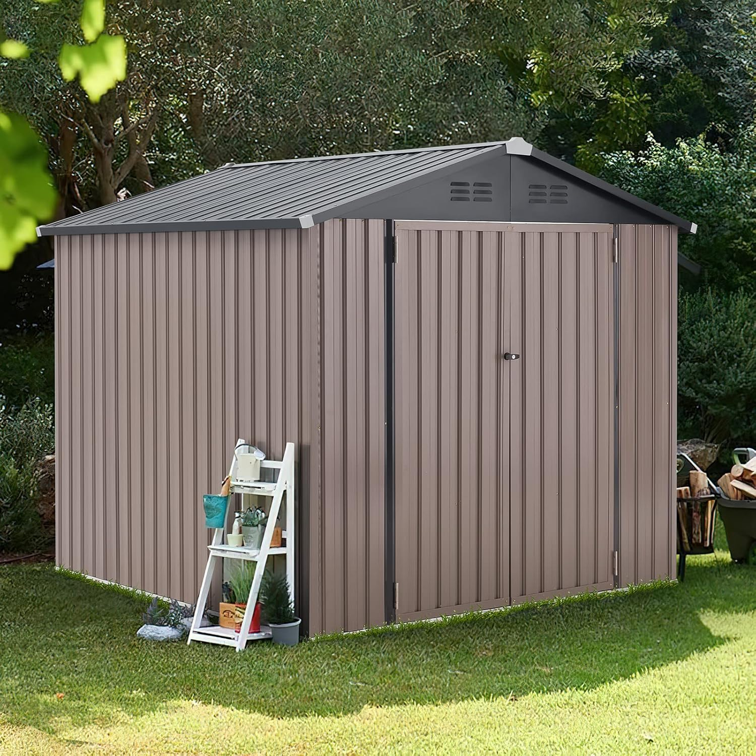 U-MAX 8' x 10' Shed Outdoor Storage Shed Clearance, Extra Large Yard Steel Metal Garden Shed with Design of Lockable Doors, Tool and Utility Storage for Backyard, Garden, Patio, Outside use in Taupe