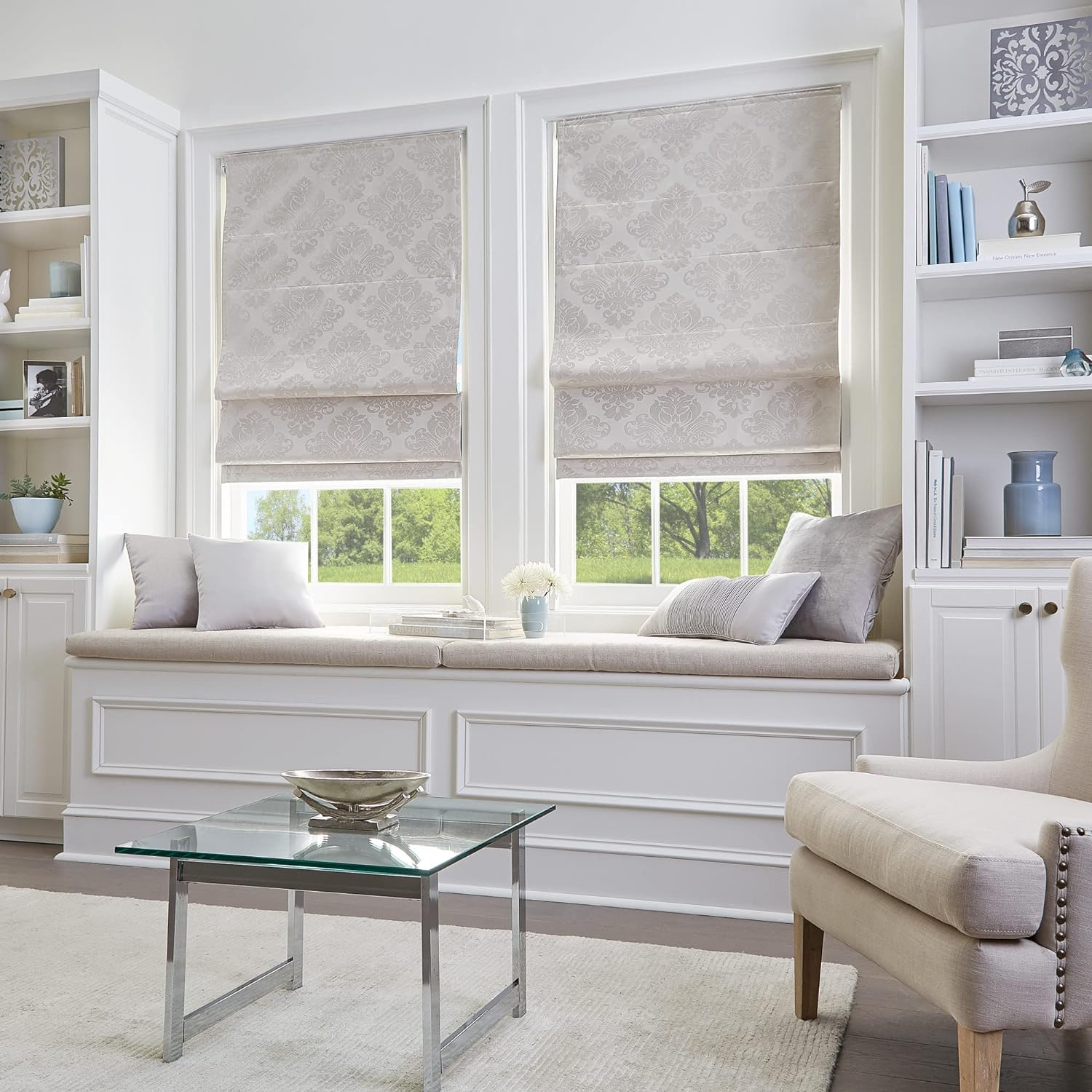 CHF Industries Damask Room Darkening Roman Shade 30 - 39 Inches Linen 34"W X 64"L