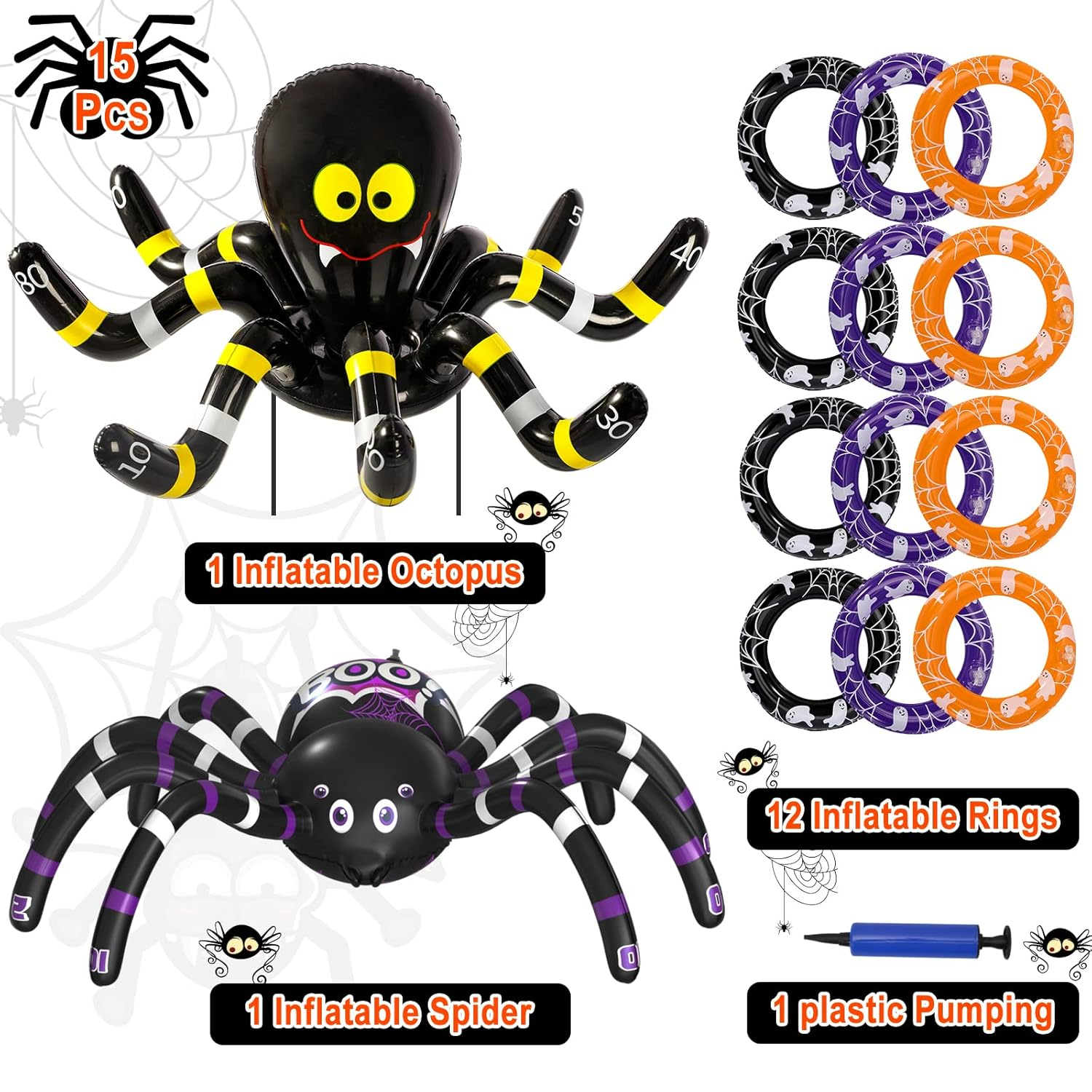 Max Fun Halloween Ring Toss Games for Kids, 2 Pack Inflatable Spiders Set Halloween Party Favor Supplies Holiday Carnival School Decoration Outdoor Indoor Spooky Creepy Game