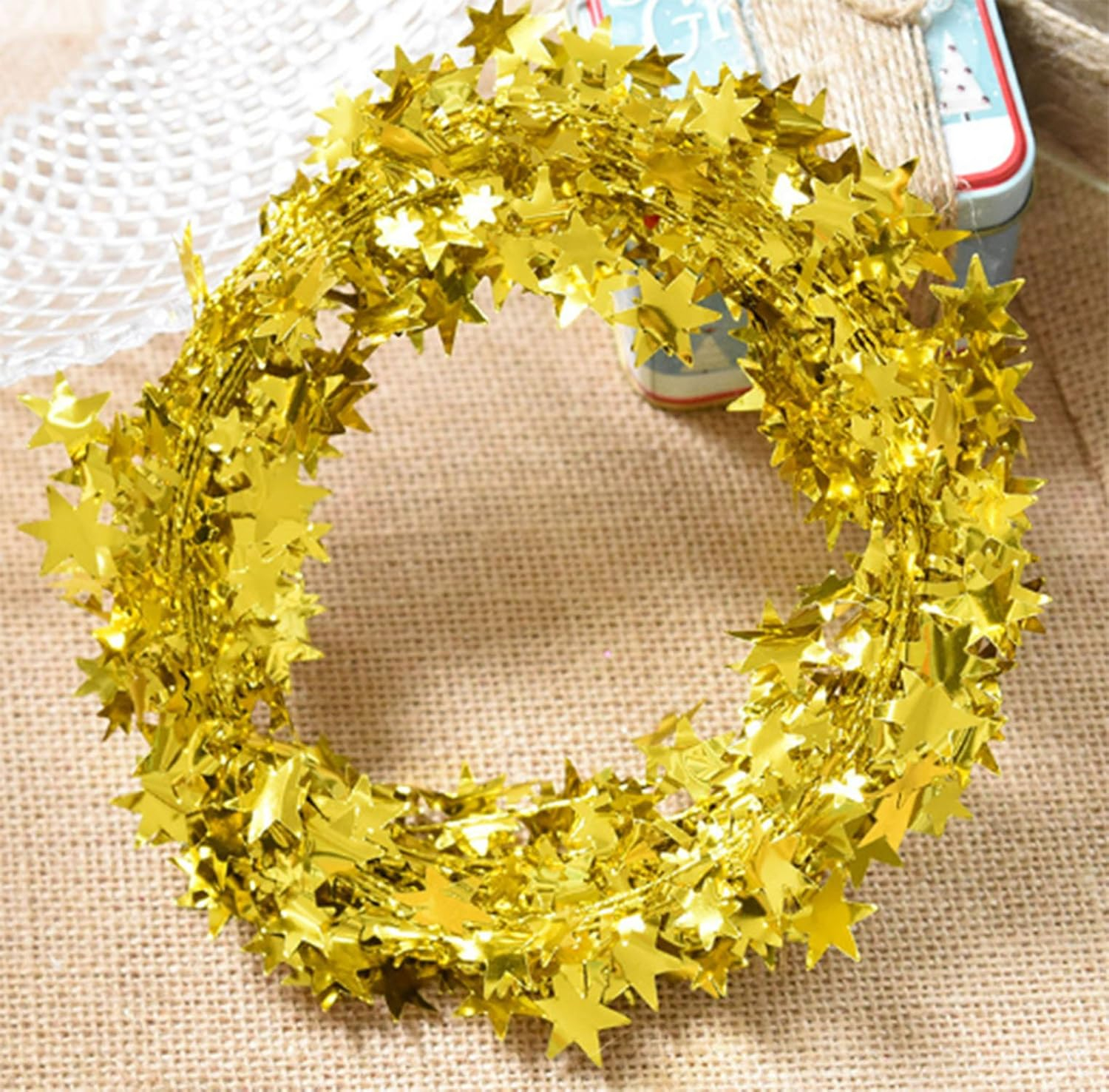 2 Rolls of Sparkly Star Tinsel Garlands with Wire for Christmas Tree, Home, Wedding, Birthday, Party, Festive Ornament (25ft/Roll, Gold)