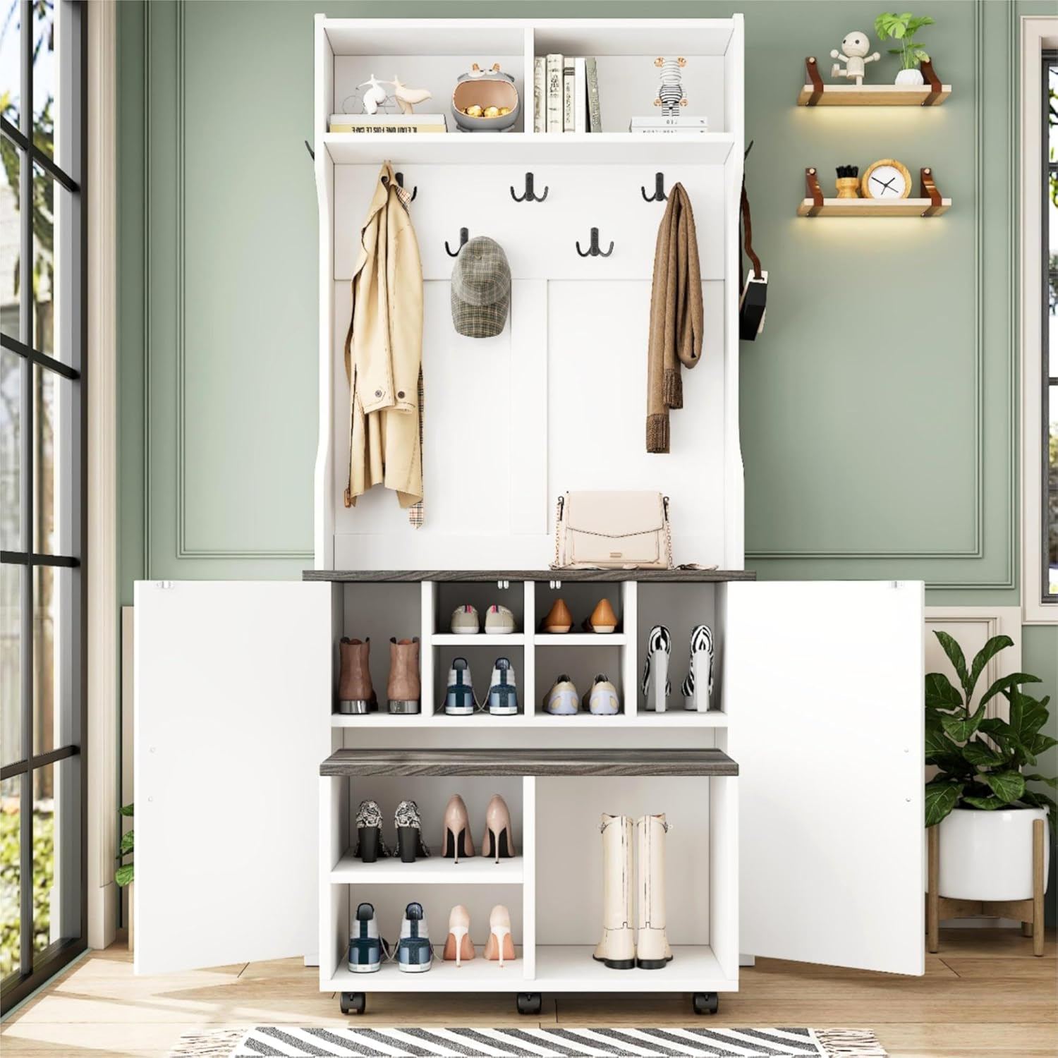 August Grove® Farmhouse 4-in-1 Hall Tree With Barn Doors – Movable Bench, 7 Hooks, Shoe Storage, And 6 Brake Wheels For Entryway, Hallway, Or Living Room, White