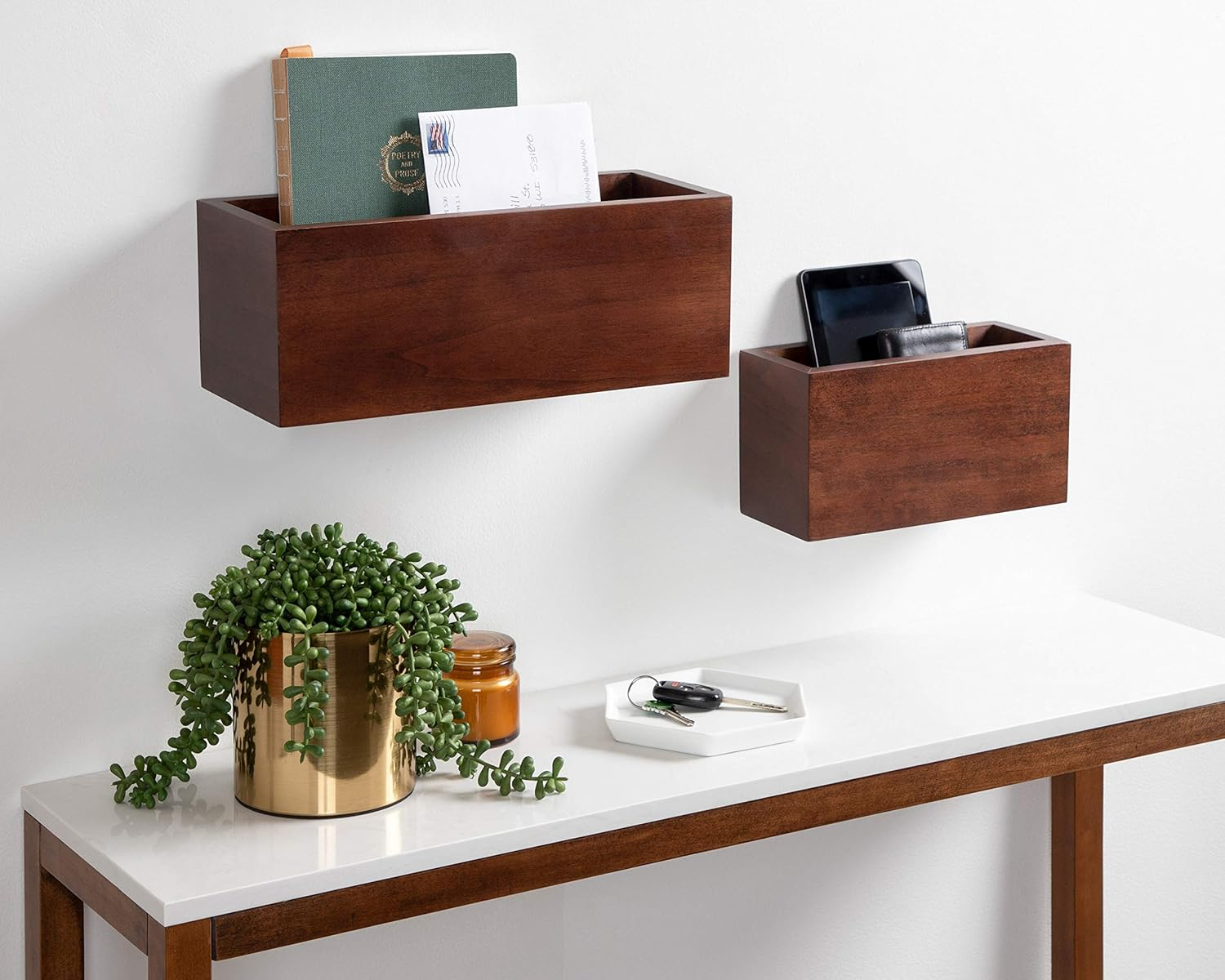 Kate and Laurel Domio Mid-Century Pocket Wall Organizer, Set of 2, Walnut Brown, Wood Office Organizer for Wall