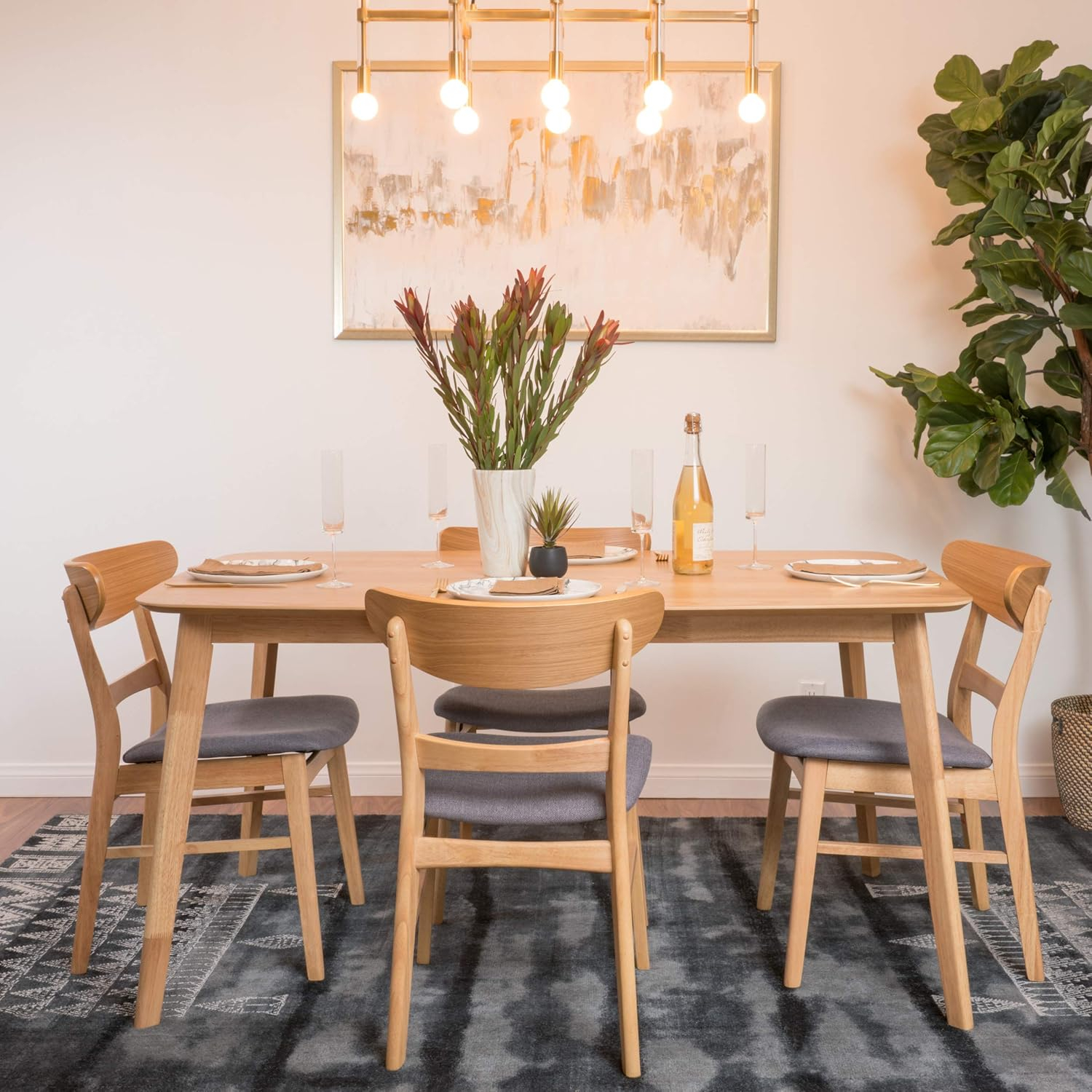 Christopher Knight Home Idalia Helen Mid Century Fabric & Wood Finish 5 Piece Dining Set (Oak/Dark Grey), 60 Inch