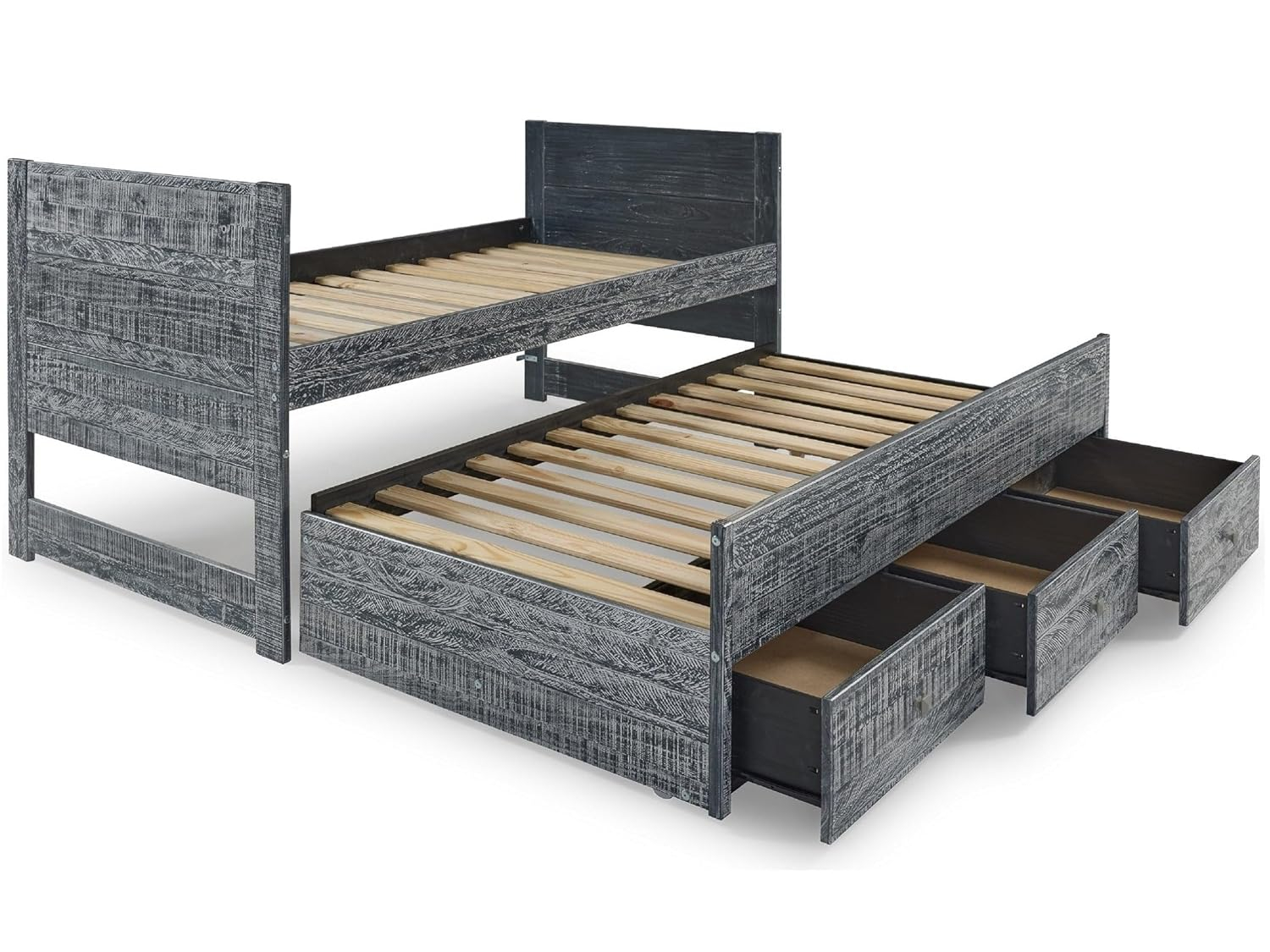 Bedz King All in One Twin Bed with Trundle and 3 Built in Drawers, Weathered Black