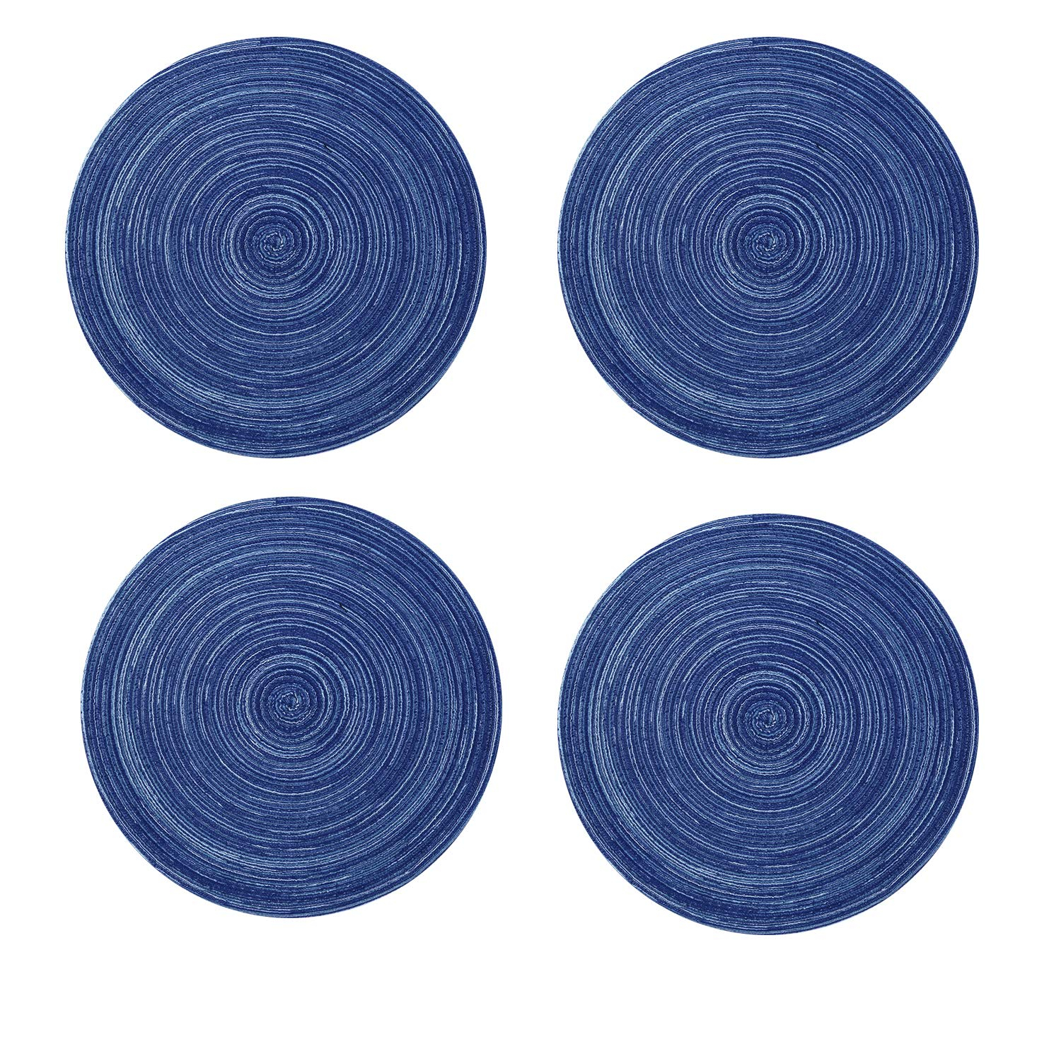 Topotdor 14 Inch Round Placemats Heat-Resistant Stain Resistant Anti-Skid Washable Polyproplene Table Mats Placemats (Blue, Set of 4)