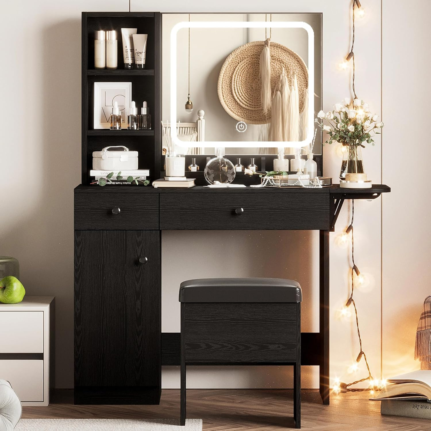 Black Iron Vanity Desk with LED Mirror and Storage Bench