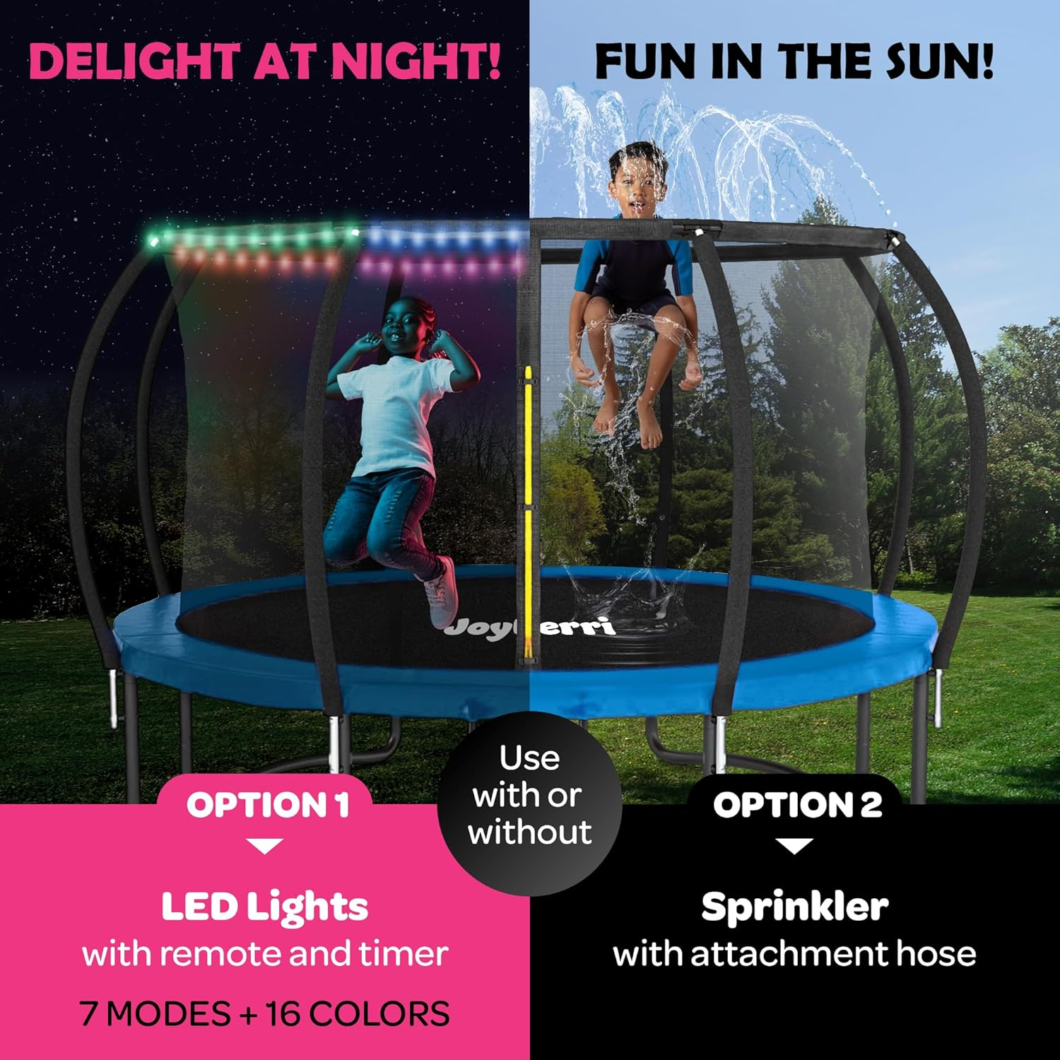 Trampoline Outdoor - ASTM Certified Safe, 8Ft, 10Ft, 12Ft, 14Ft, 15Ft, 16Ft Recreational Trampoline for Kids and Adults. Anti-Rust Coating with Enclosure Net, Ladder, Sprinkler & LED Lights