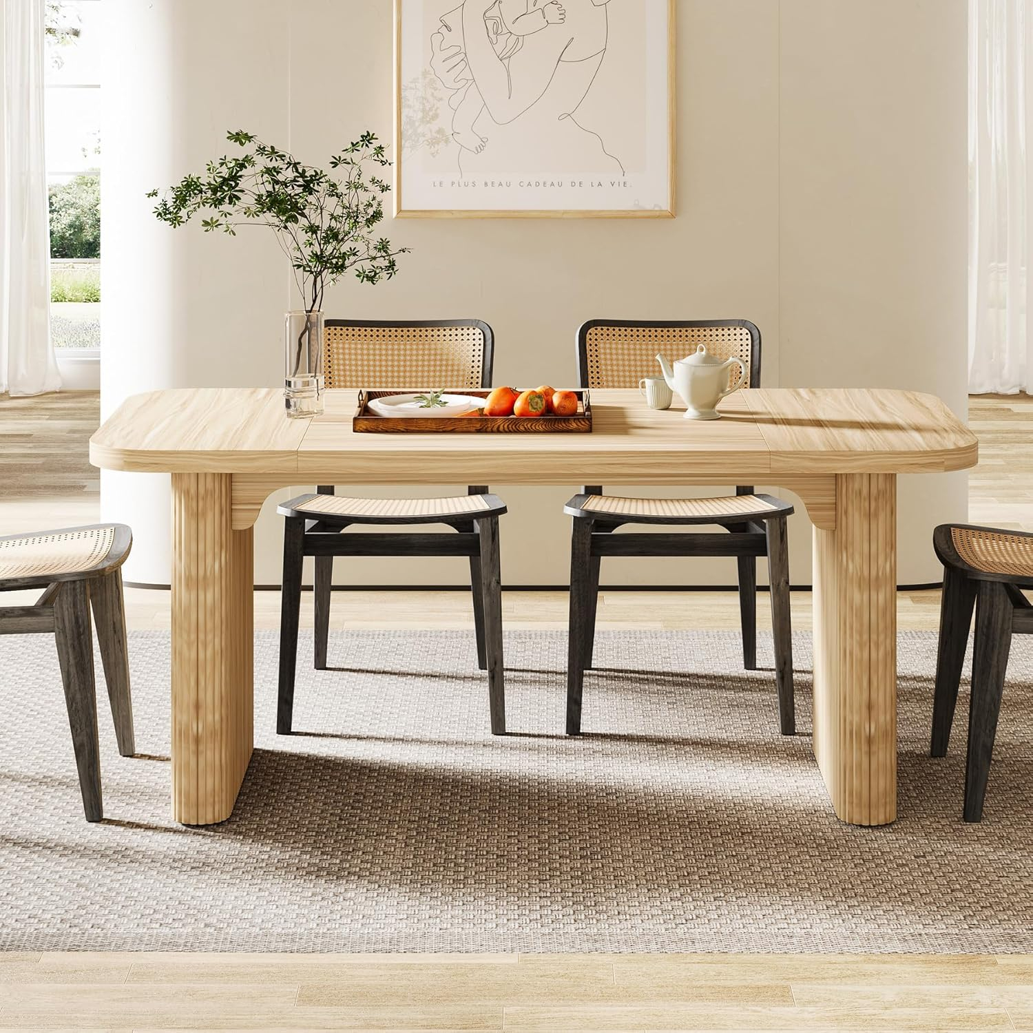 Tribesigns Modern Dining Table for 6 People, 63-Inch Natural Wood Kitchen Table with Double Robust Pedestal, Long Rectangle Wooden Dinner Table for Dining Room