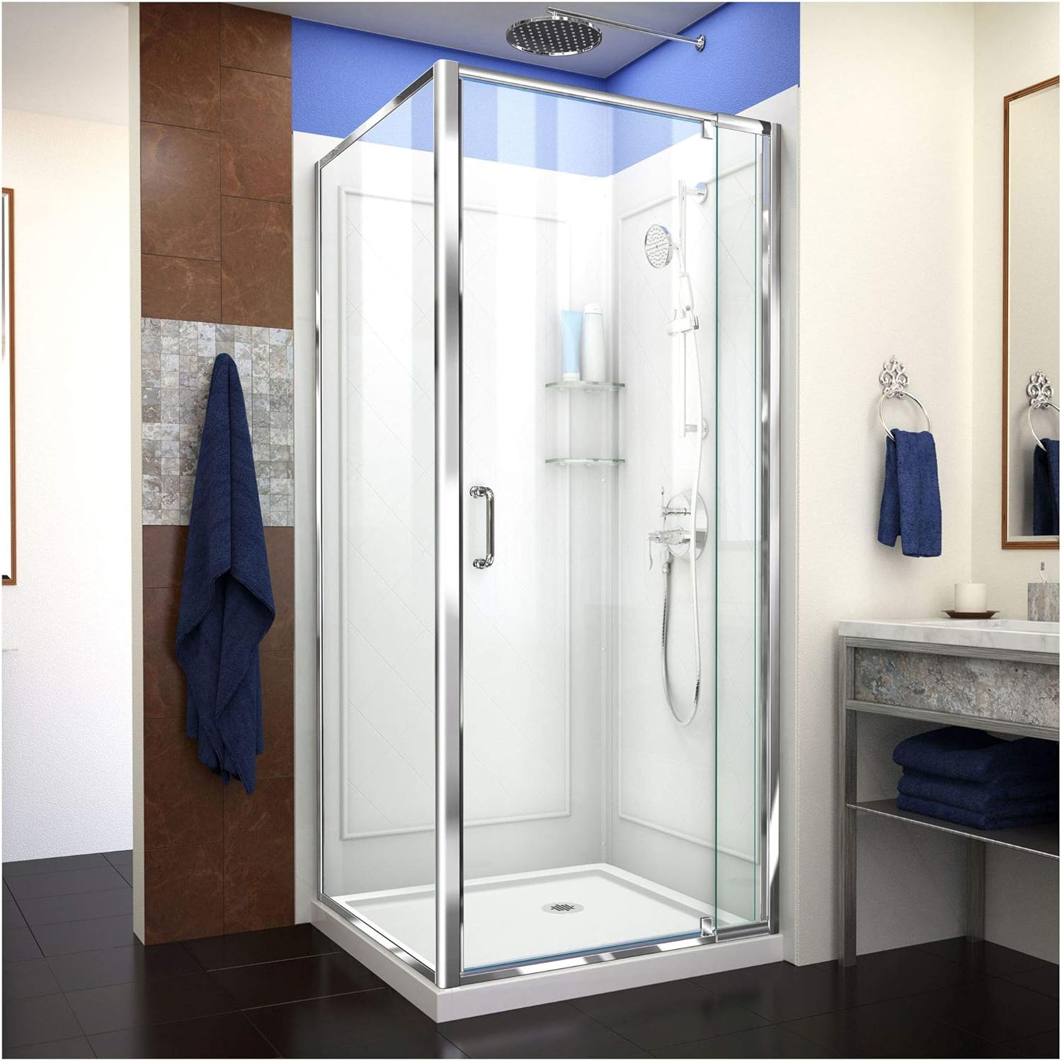 DreamLine Flex 32 in. D x 32 in. W x 76 3/4 in. H Semi-Frameless Shower Enclosure in Chrome with Corner Drain Base and Backwalls