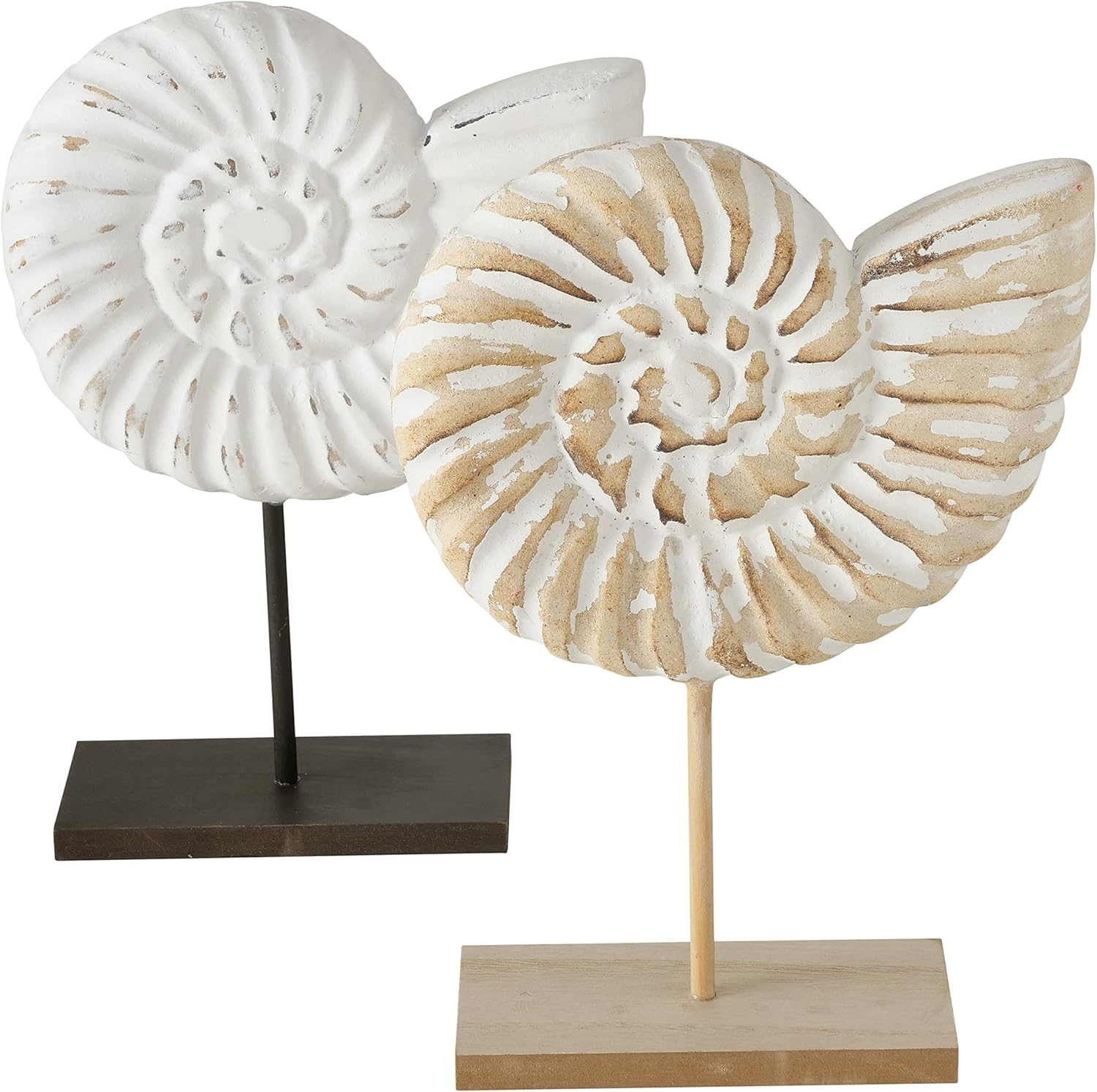 Hand Carved White and Natural Nautilus Shell Sculptures with MDF Wood Base