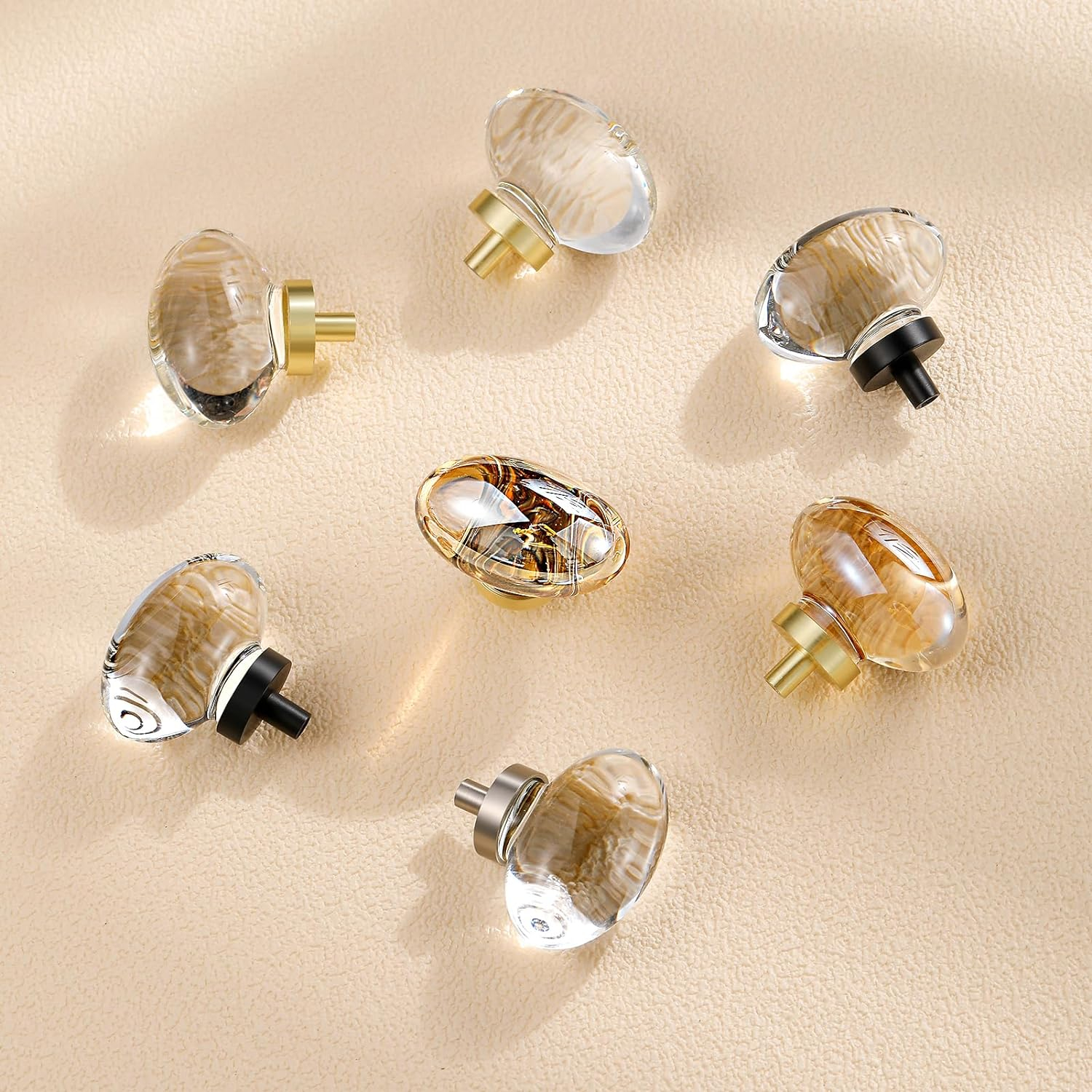 16 Pack Glass Cabinet Knobs and Pulls, Oval Crystal Knobs for Dresser Drawers, Brushed Nickel Kitchen Cabinet Knobs Egg Shape