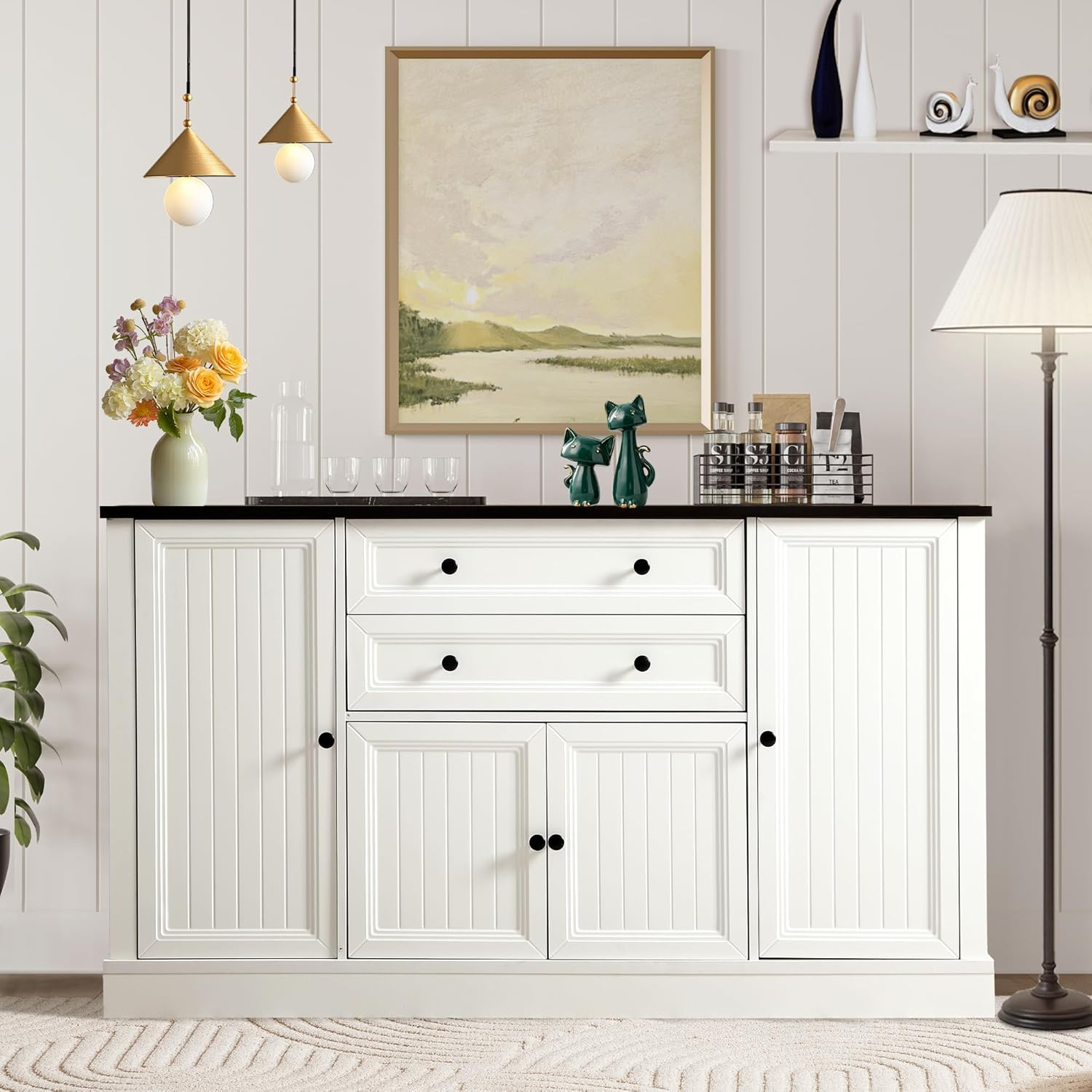 Magic Union 58" Farmhouse Sideboard Buffet Cabinet, Coffee Bar Cabinet with 2 Large Drawers & 4 Grooved Barn Doors, Wood Storage Cabinets for Dinning Room, Kitchen, Living Room, White