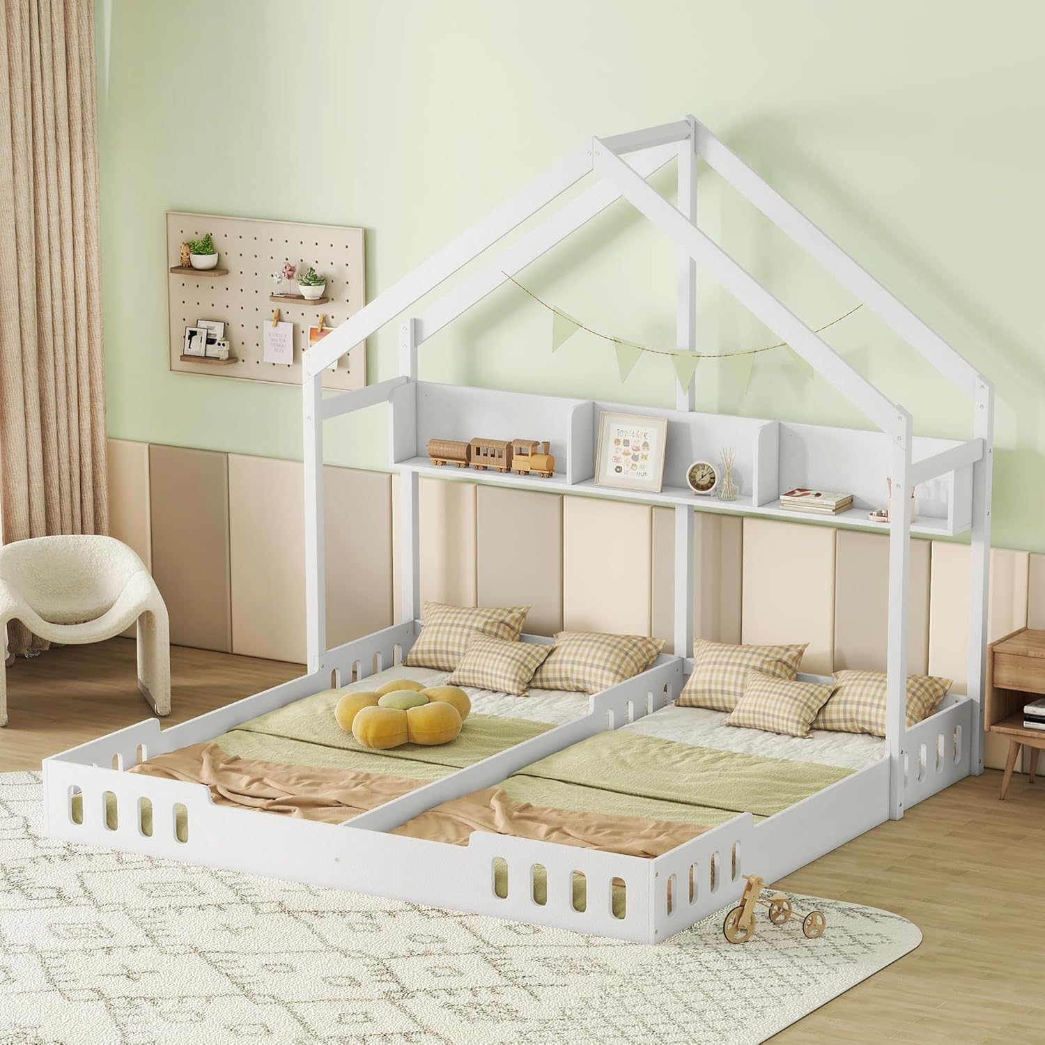 P PURLOVE Twin House Bed for 2 Kids,Double Twin Size Shared Beds with Fence Railings,House Montessori Floor Bed Frame Twin Size with Roof and Storage Shelves or Kids,Teens, Boys & Girls