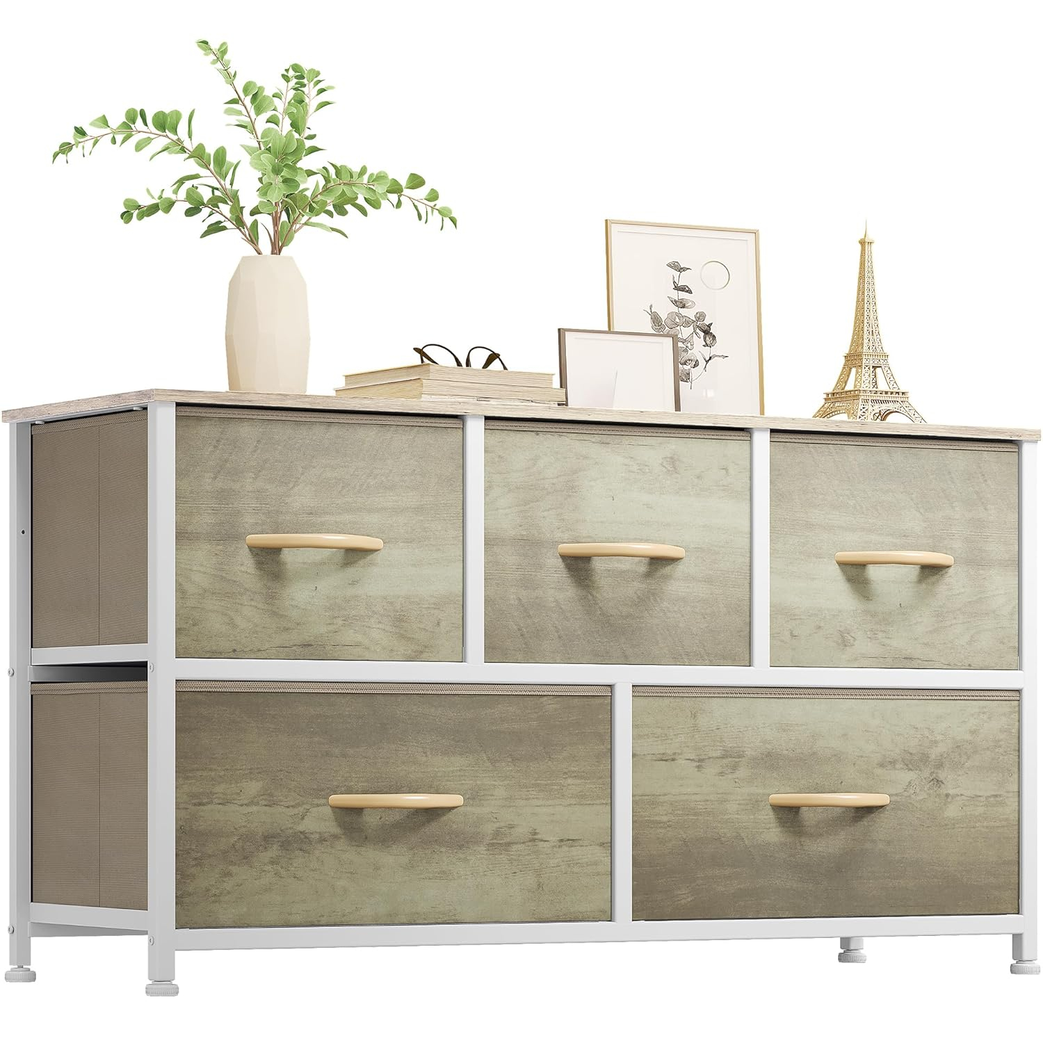 YITAHOME Wide Chest of Drawers, Dresser with 5 Drawers, Oak Greige Fabric Storage Tower, Dresser for Bedroom with 5 Drawers, Living Room, Closets - Sturdy Steel Frame, Wooden Top