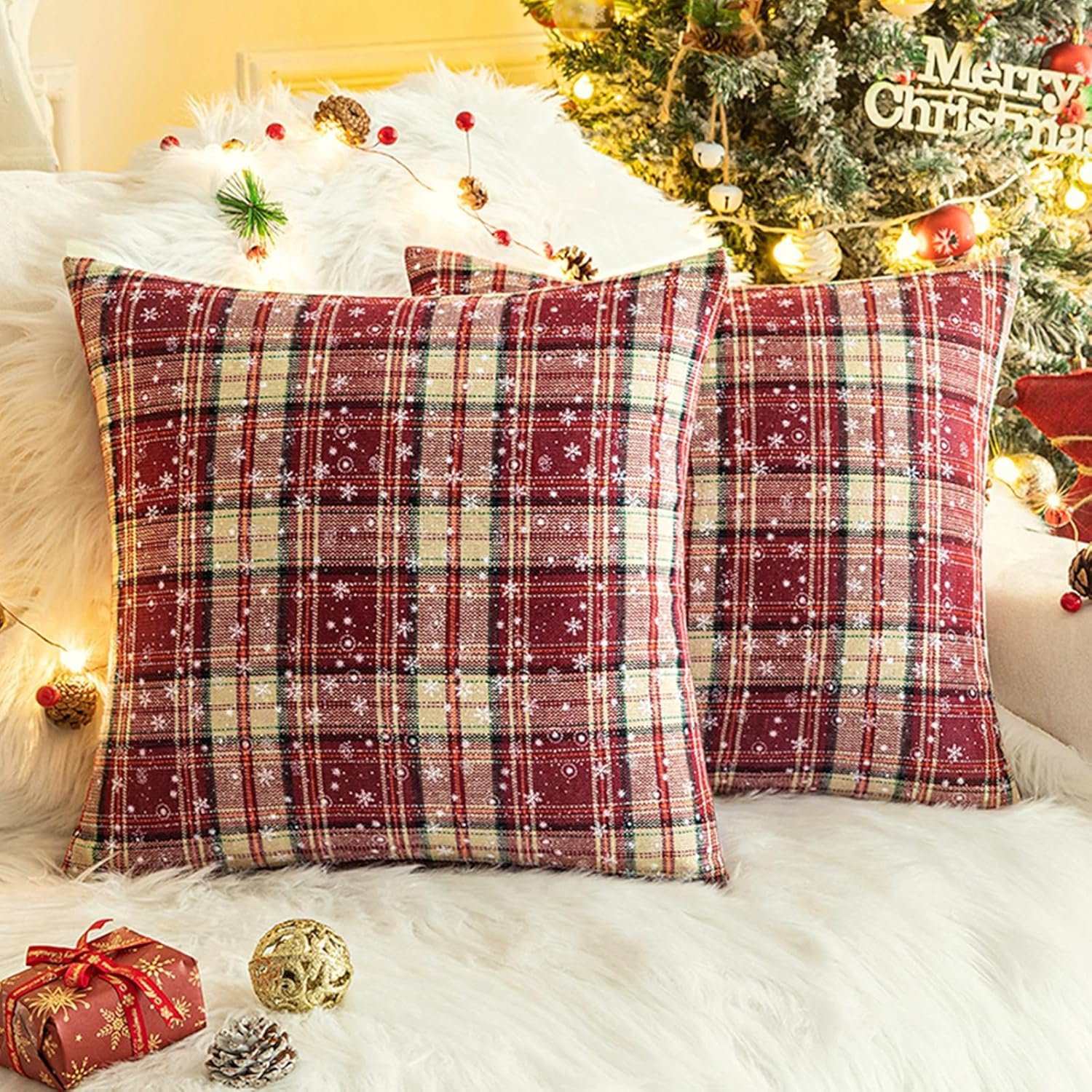 Red and Beige Tartan Plaid Snowflake 18" Polyester Euro Pillow Covers