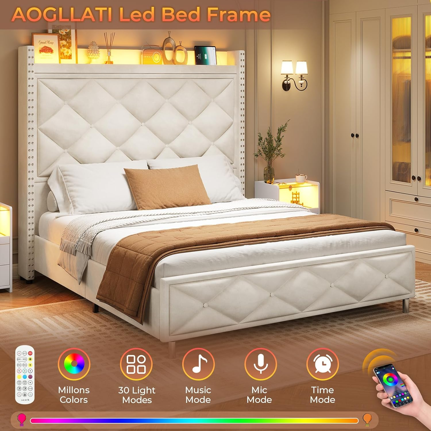 Beige Velvet Queen Bed Frame with Tall Lighted Headboard and Storage