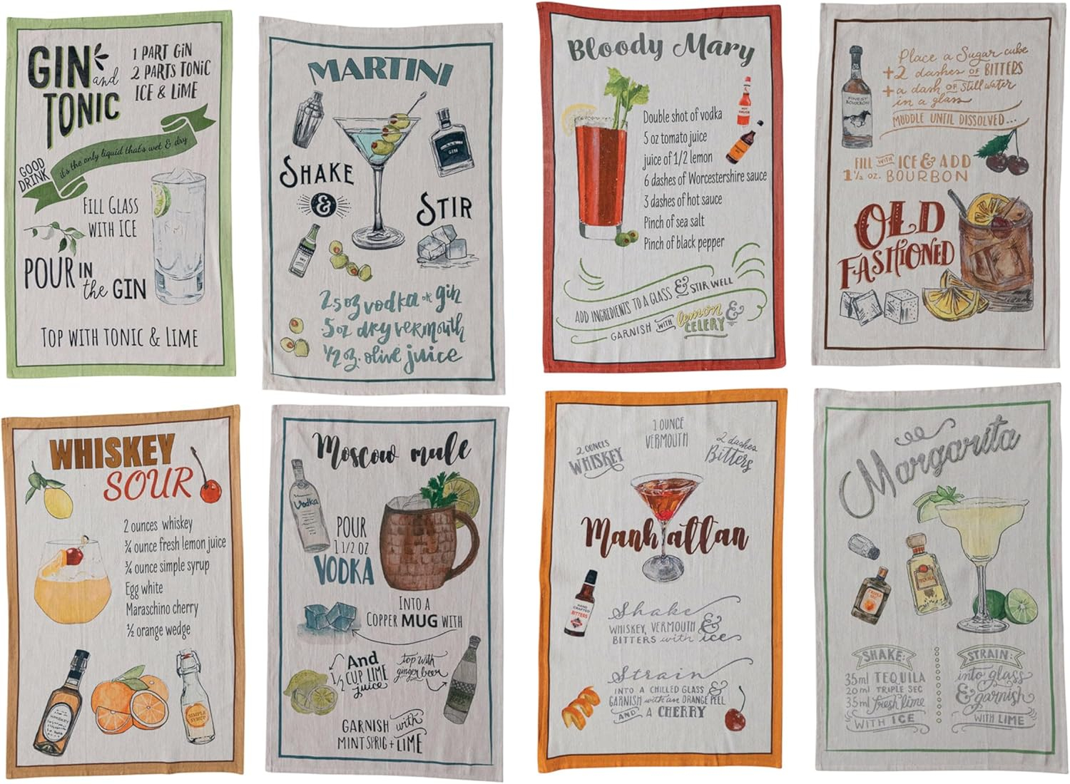 Creative Co-Op Cotton Printed Tea Towel with Cocktail Recipe Prints, Multicolor, Set of 8