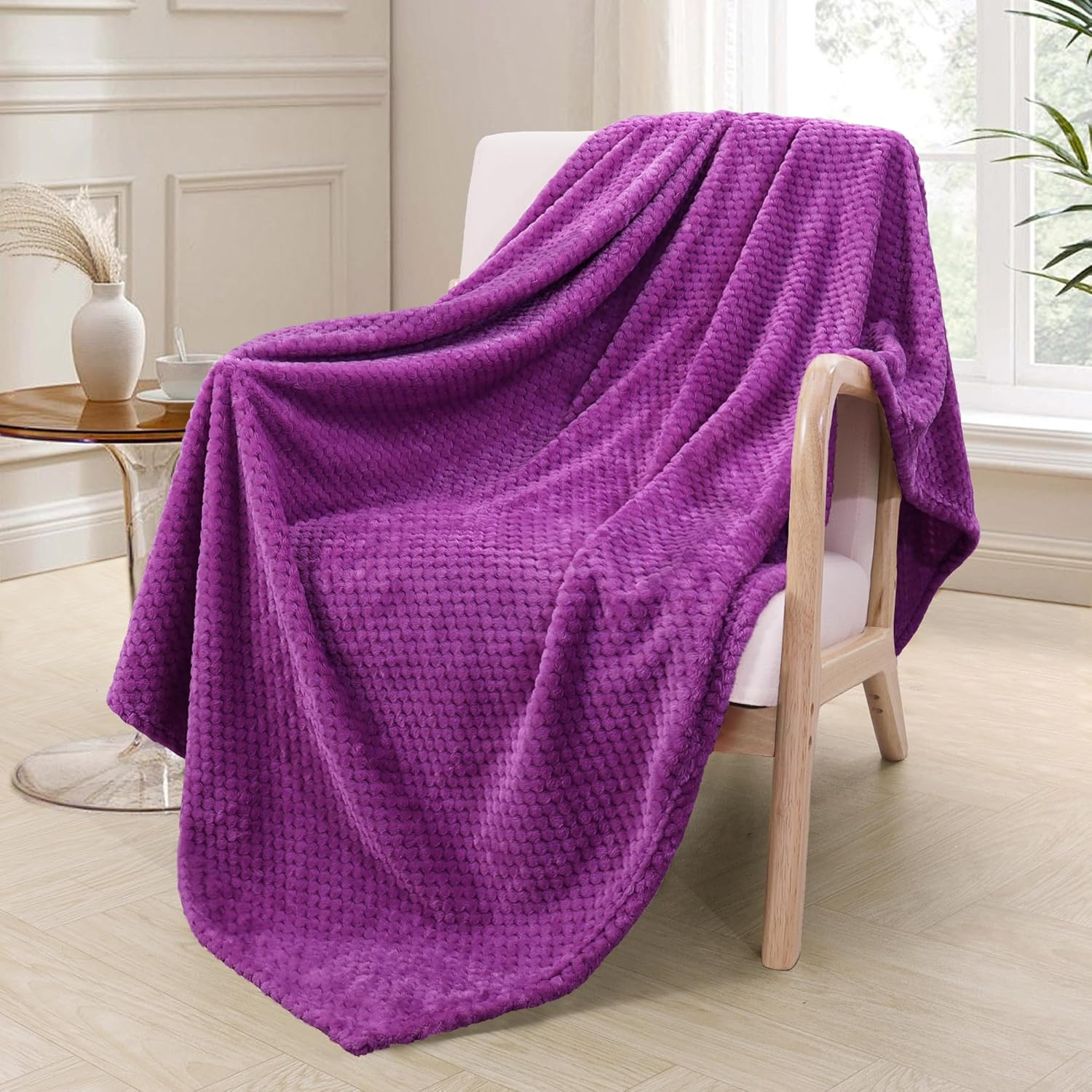 Exclusivo Mezcla Waffle Textured Extra Large Fleece Blanket, Super Soft and Warm Throw Blanket for Couch, Sofa and Bed (Purple, 50"x70")-Cozy, Fuzzy and Lightweight