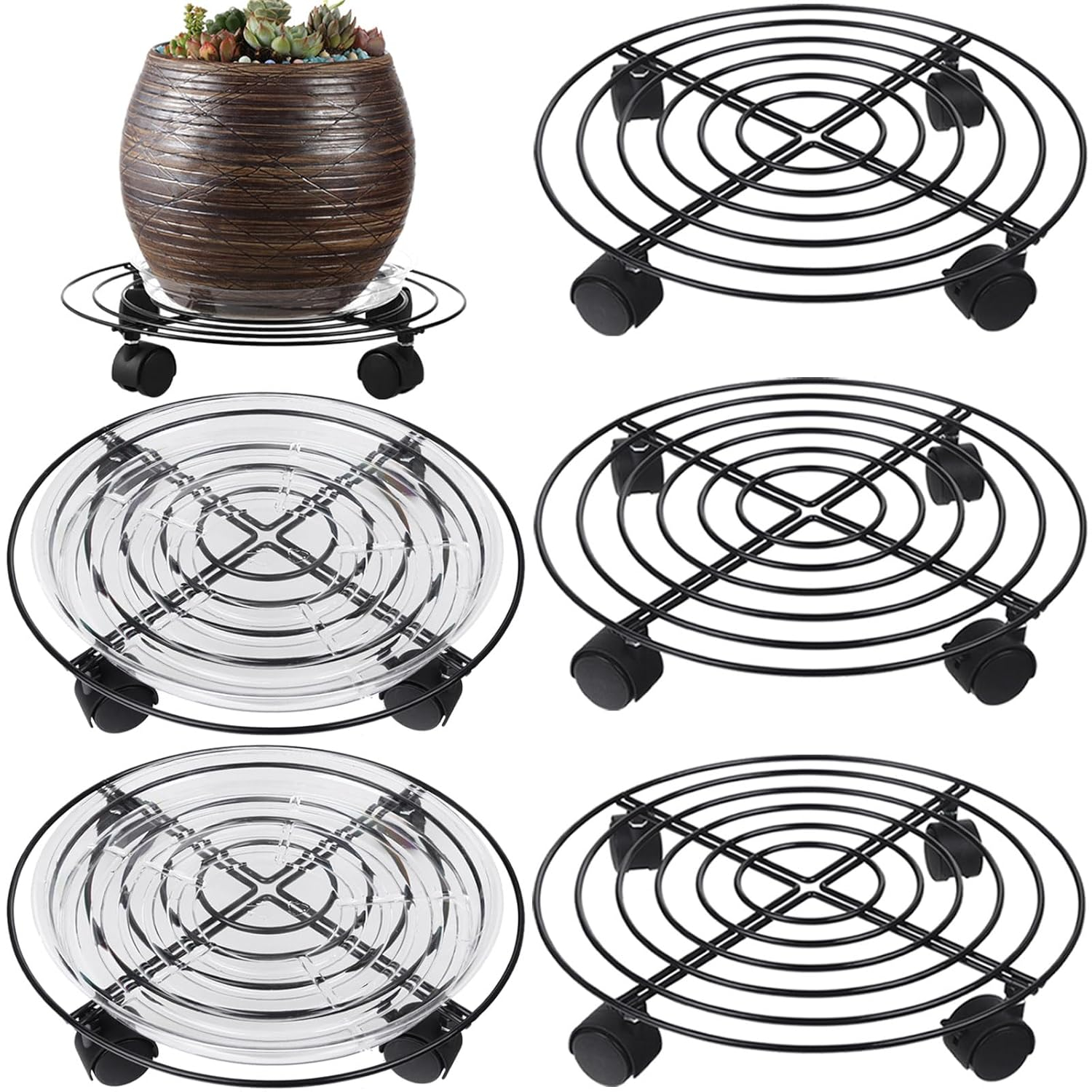 5 Packs Large Metal Plant Caddy 13.8” Plant Dolly with Wheels Heavy-Duty Wrought Iron Rolling Plant Stand with Casters for Indoor and Outdoor Plant Pot Rollers Black, Plastic Saucers Included