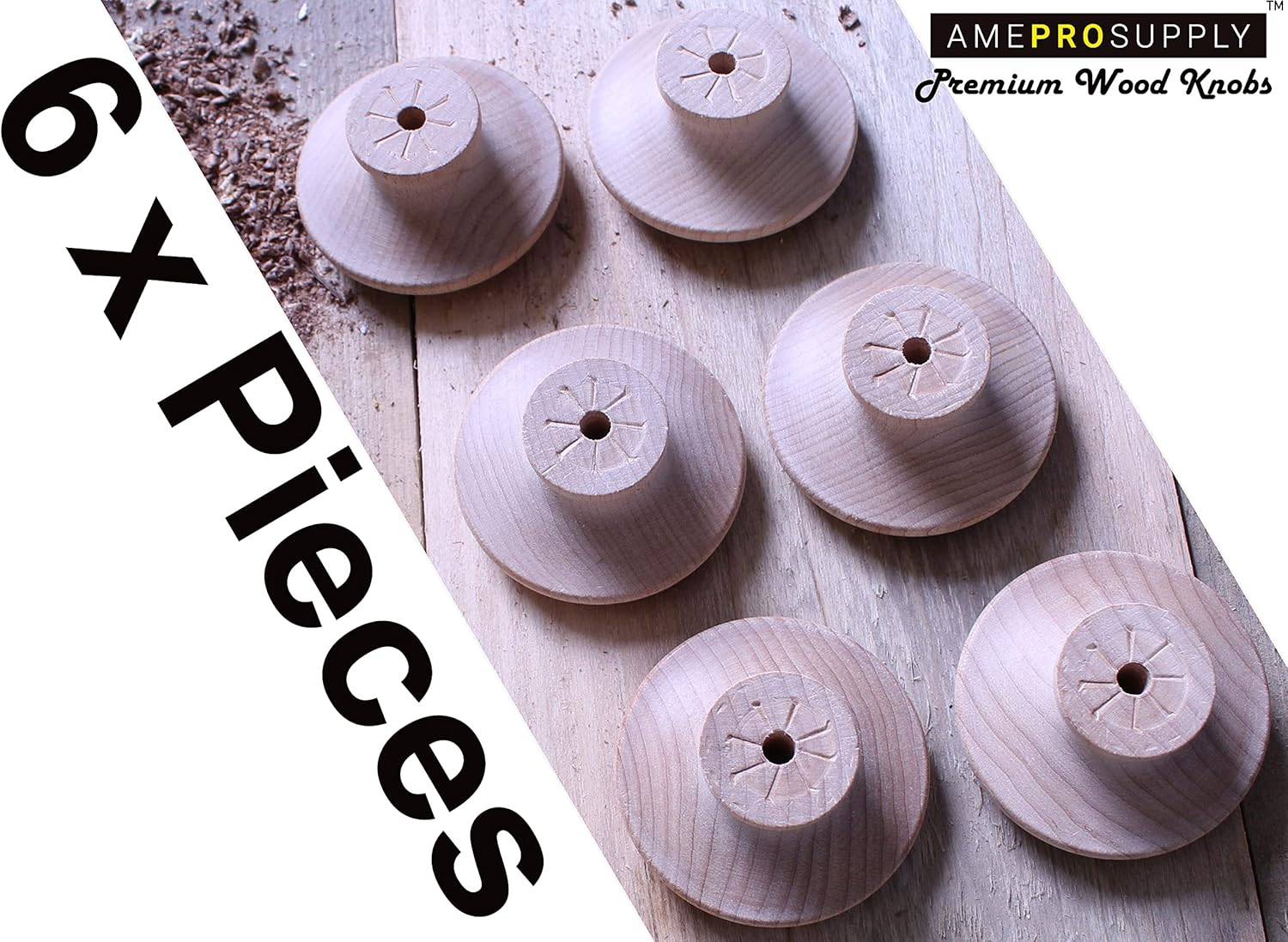 Wood Knobs Extra Large 2 inch Big Wooden Knob for Bifold Doors, Closet Door, Furniture Dresser Pulls with Screws (6 Piece)
